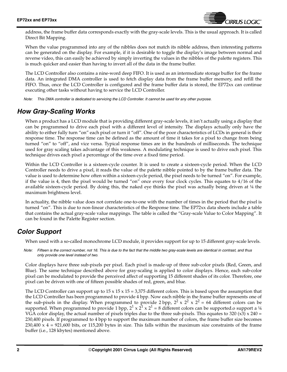 How gray-scaling works, Color support | Cirrus Logic AN179 User Manual | Page 2 / 8
