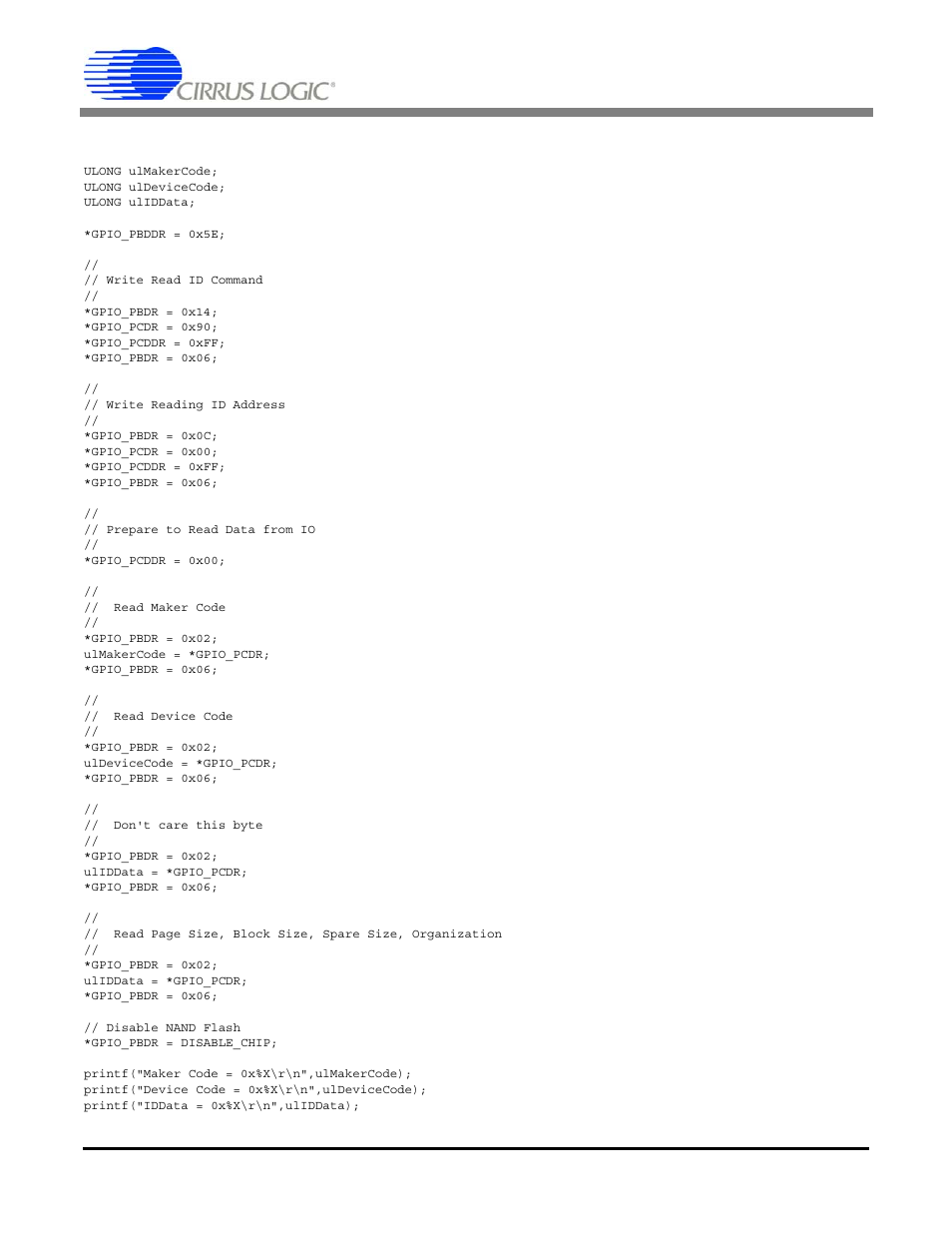 An266, 1 “read flash id” sample code | Cirrus Logic AN266 User Manual | Page 3 / 4