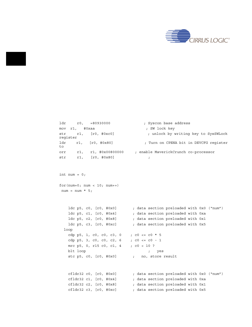 2 programming examples, 1 example 1, 1 setup code | 2 c code, 4 maverickcrunch assembly language instructions, 2 programming examples -8, 1 example 1 -8 | Cirrus Logic EP93xx User Manual | Page 78 / 824
