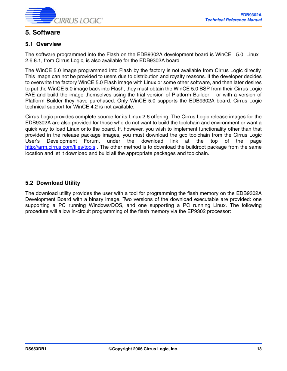 Software, 1 overview, 2 download utility | 1 overview 5.2 download utility | Cirrus Logic EDB9302A User Manual | Page 13 / 40