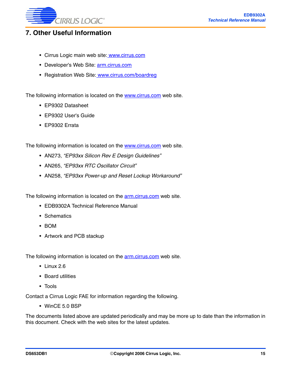 Other useful information, Web sites, Processor information | Application notes, Board information, Code information | Cirrus Logic EDB9302A User Manual | Page 15 / 40