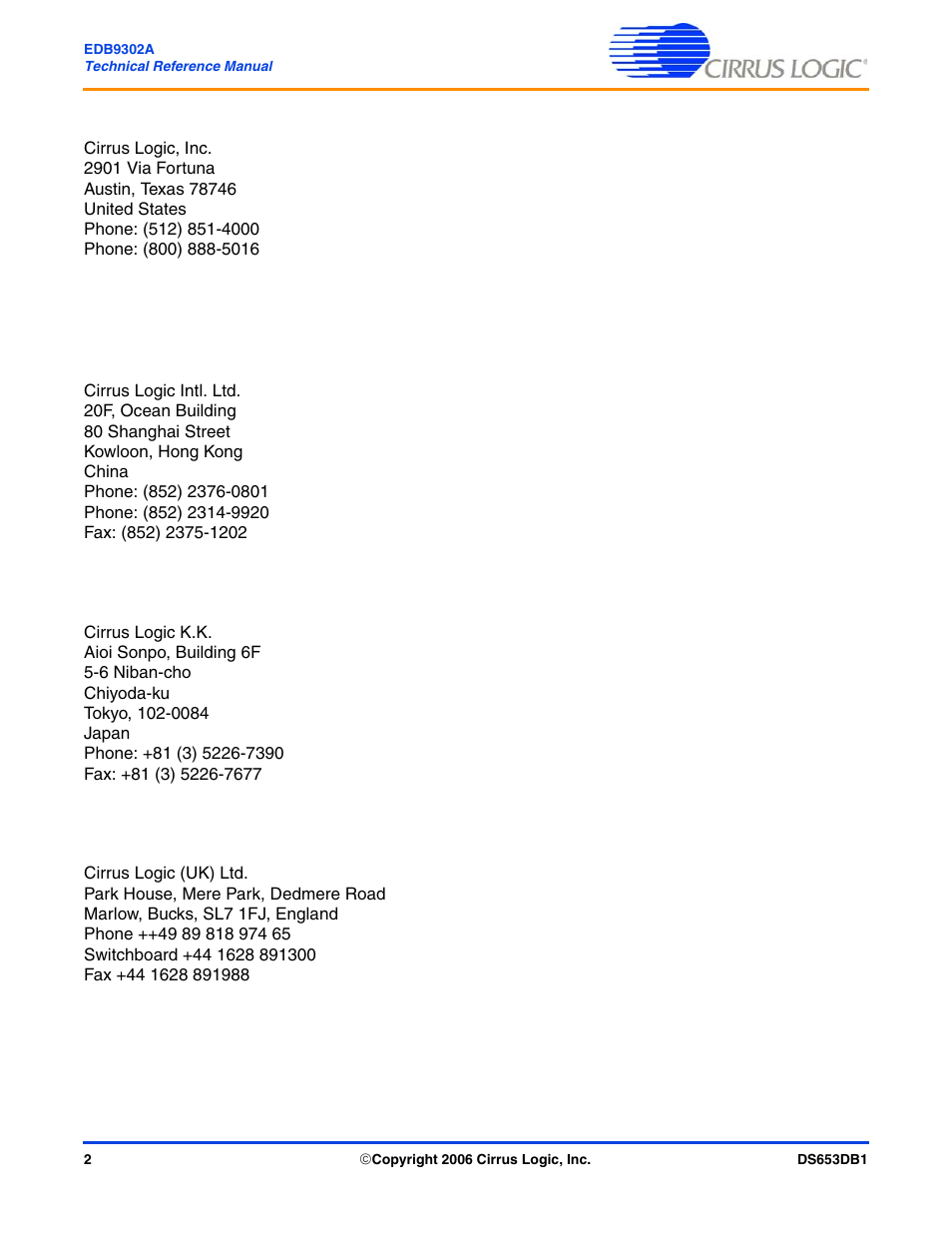 Corporate headquarters, International offices | Cirrus Logic EDB9302A User Manual | Page 2 / 40