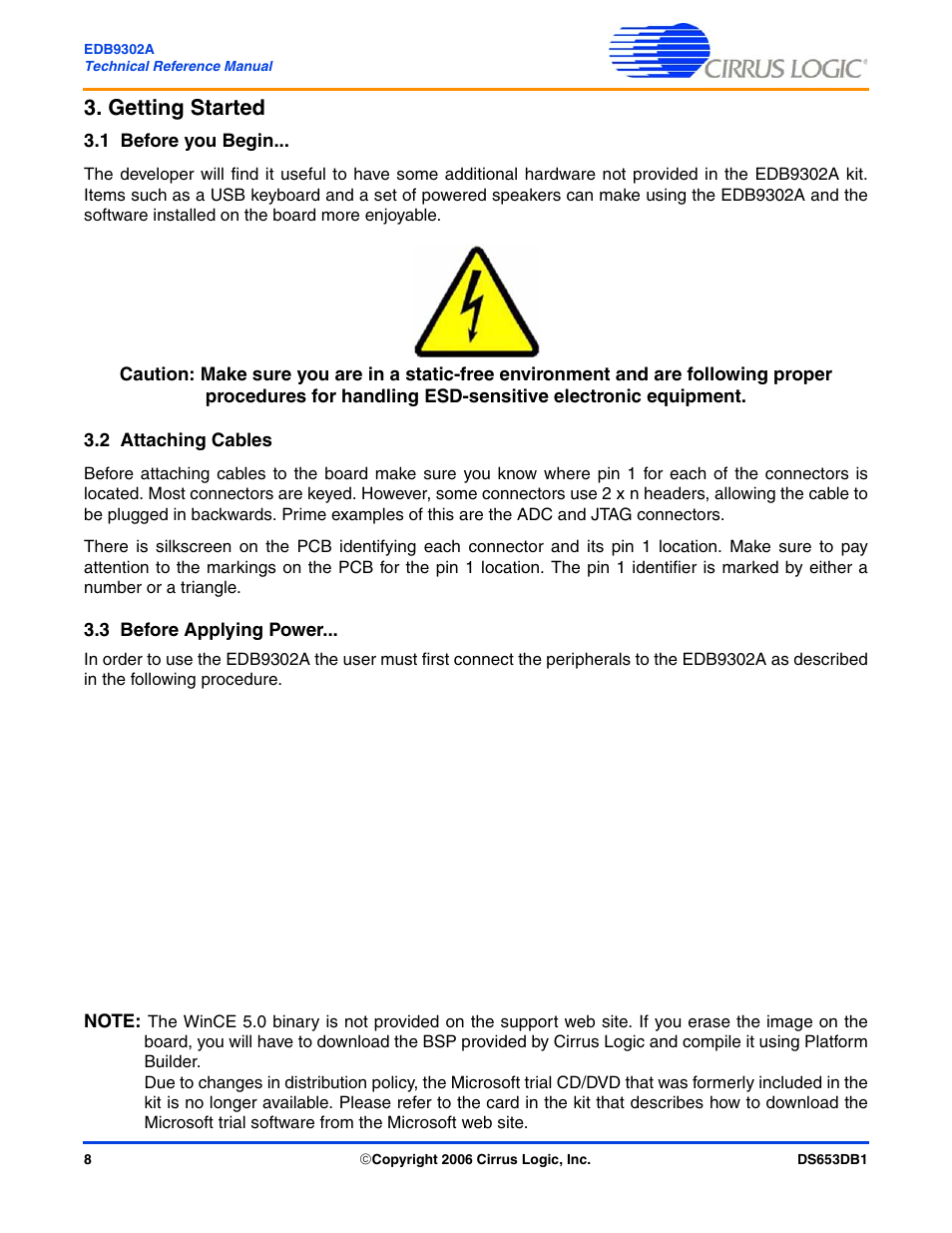 Getting started, 1 before you begin, 2 attaching cables | 3 before applying power | Cirrus Logic EDB9302A User Manual | Page 8 / 40