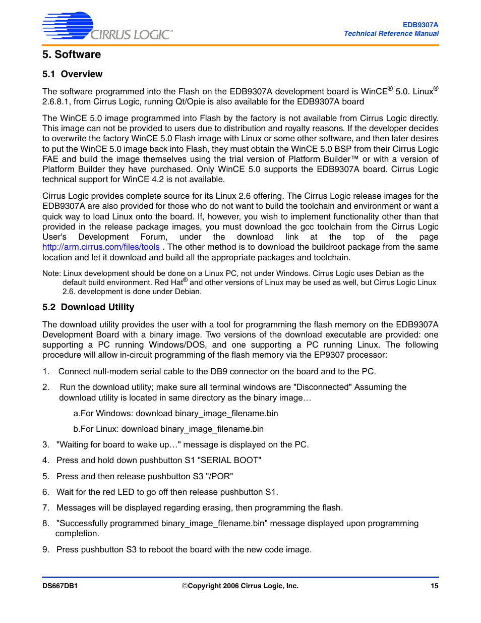 Software, 1 overview, 2 download utility | 1 overview 5.2 download utility | Cirrus Logic EDB9307A User Manual | Page 15 / 44