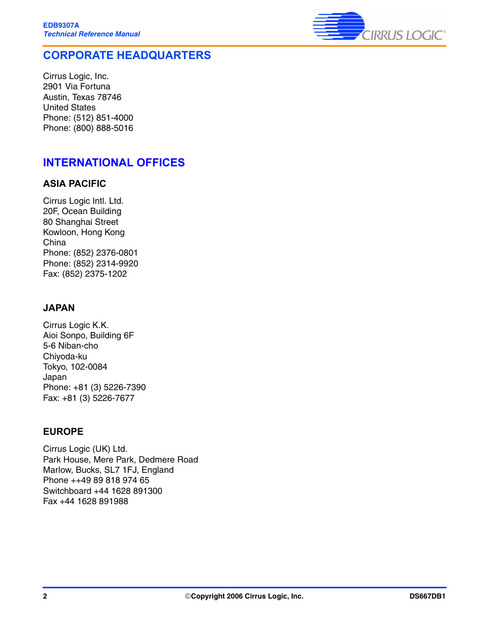 Corporate headquarters, International offices | Cirrus Logic EDB9307A User Manual | Page 2 / 44