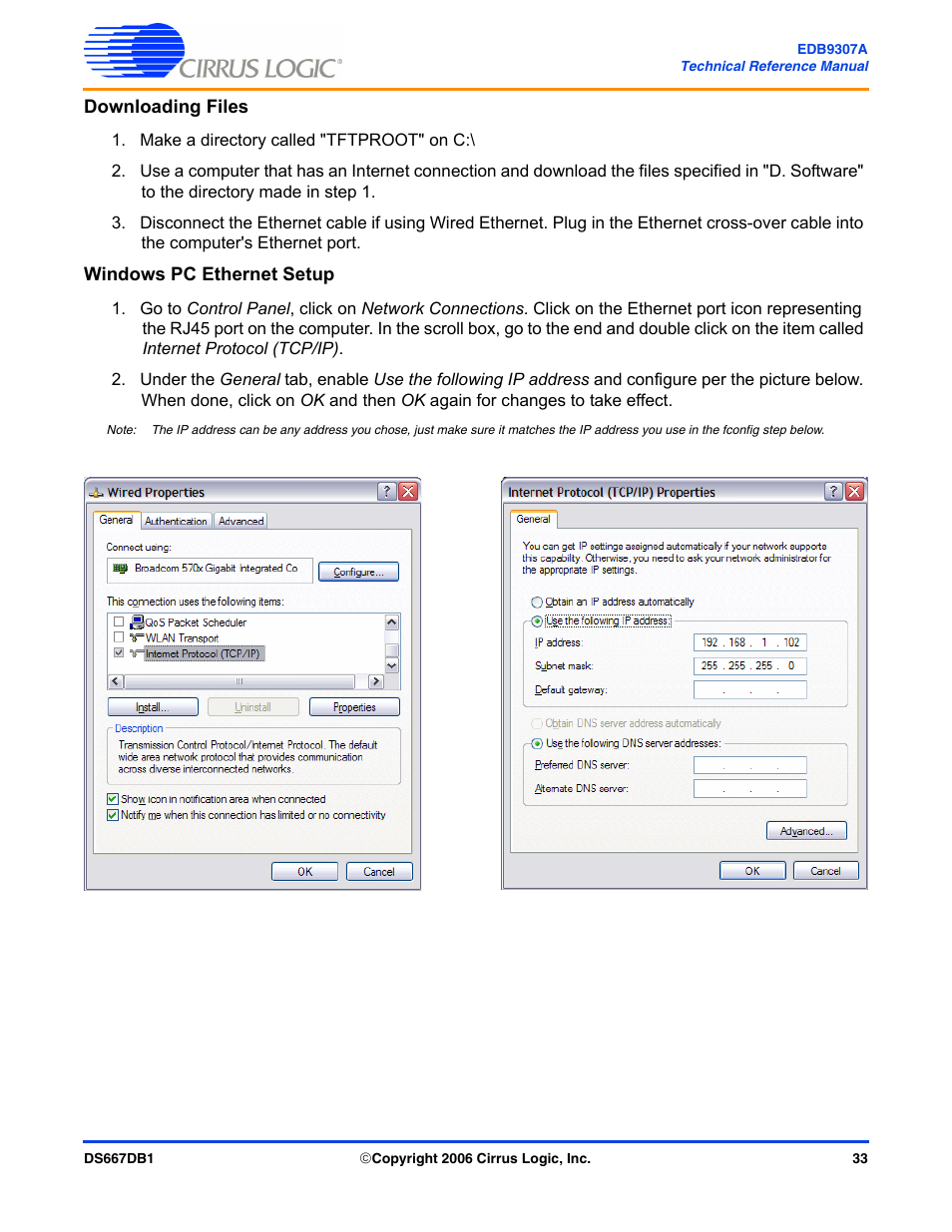 Downloading files, Windows pc ethernet setup, Downloading files windows pc ethernet setup | Cirrus Logic EDB9307A User Manual | Page 33 / 44