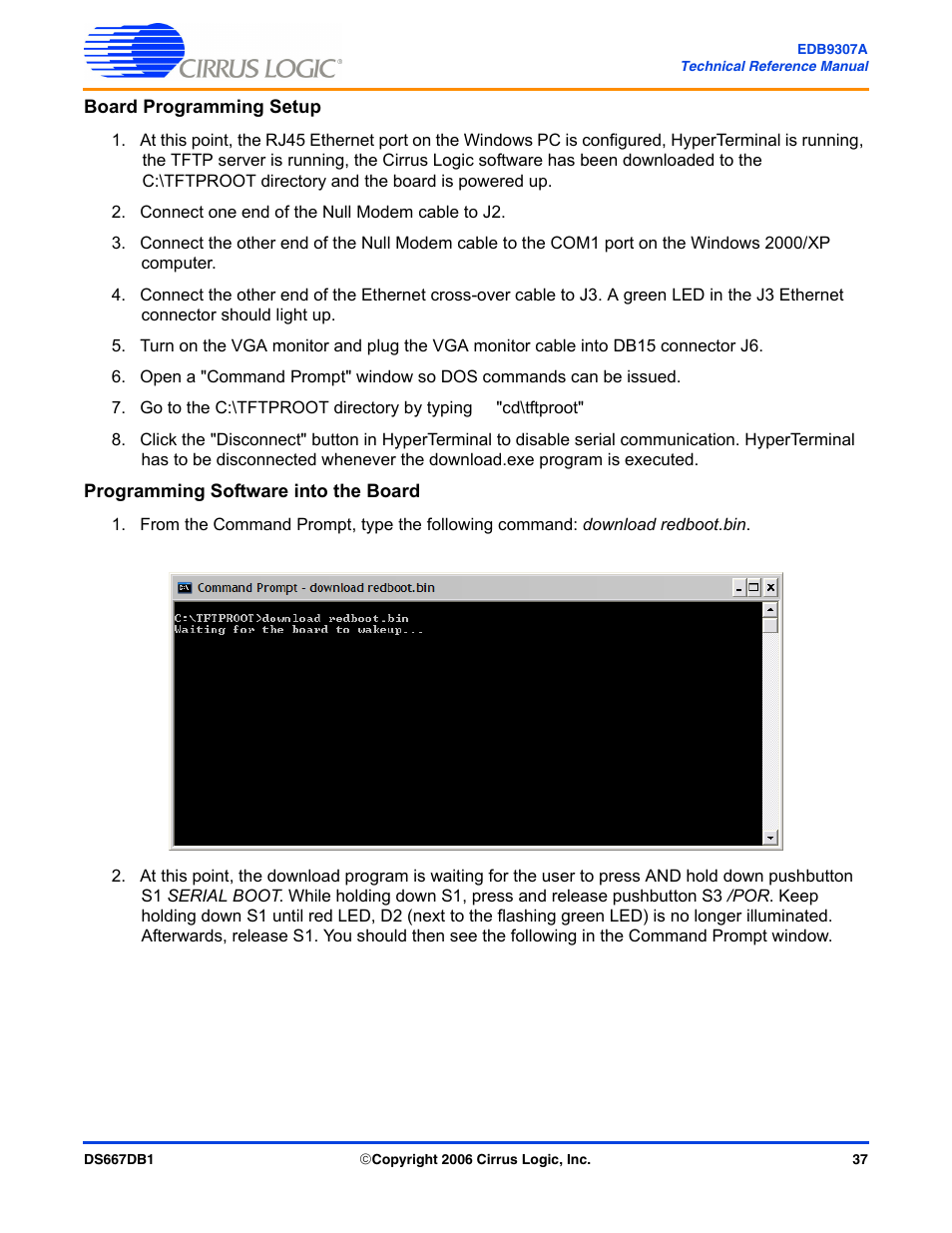 Board programming setup, Programming software into the board | Cirrus Logic EDB9307A User Manual | Page 37 / 44