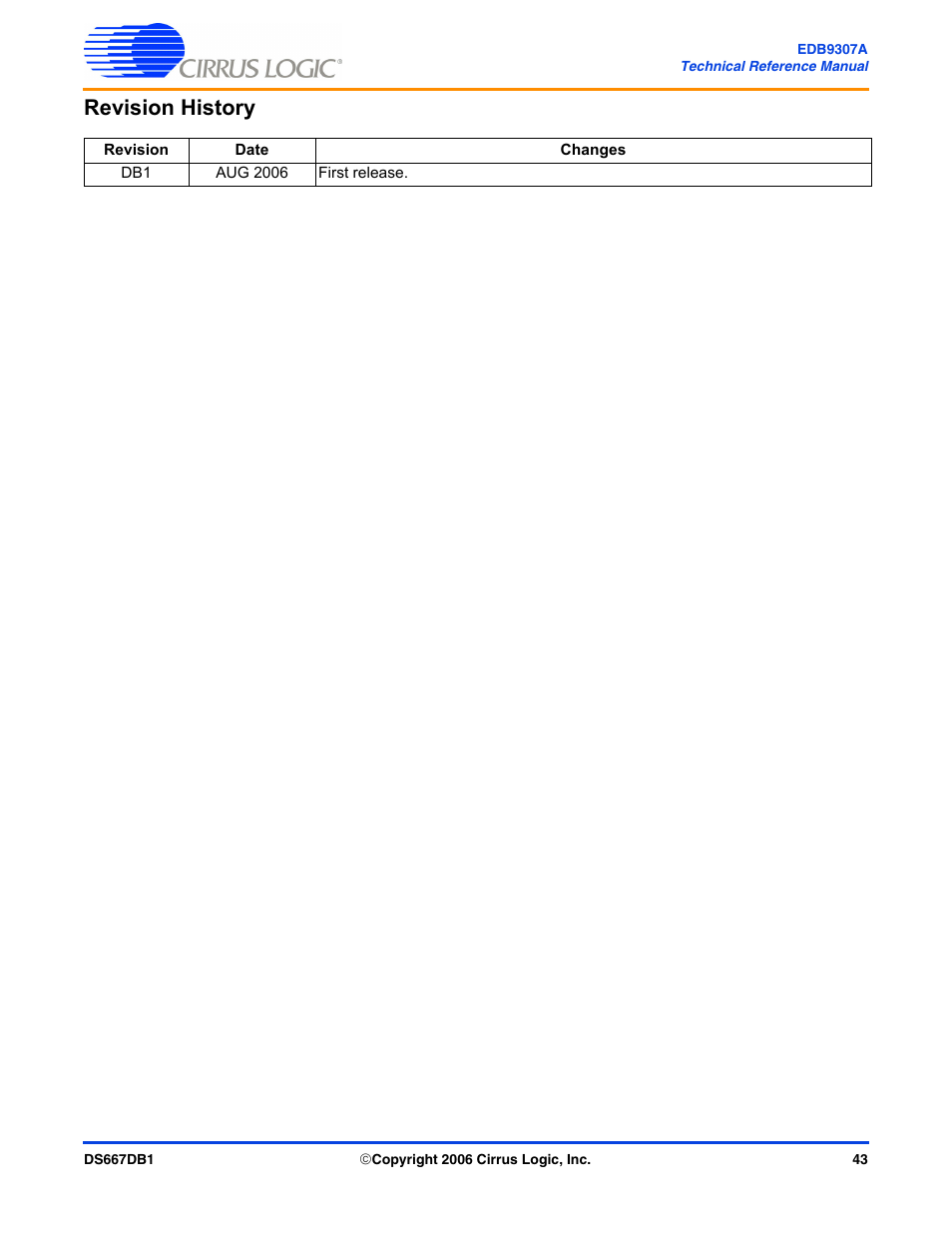 Revision history | Cirrus Logic EDB9307A User Manual | Page 43 / 44