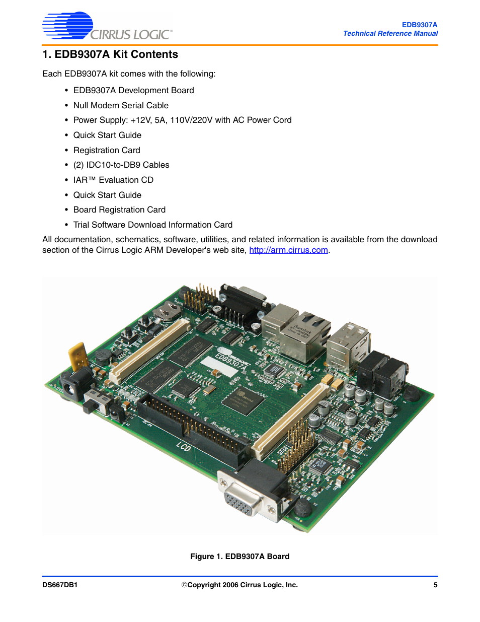 Edb9307a kit contents, Figure 1. edb9307a board | Cirrus Logic EDB9307A User Manual | Page 5 / 44