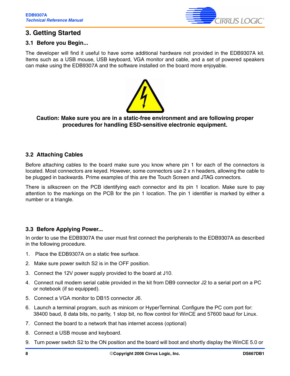 Getting started, 1 before you begin, 2 attaching cables | 3 before applying power | Cirrus Logic EDB9307A User Manual | Page 8 / 44