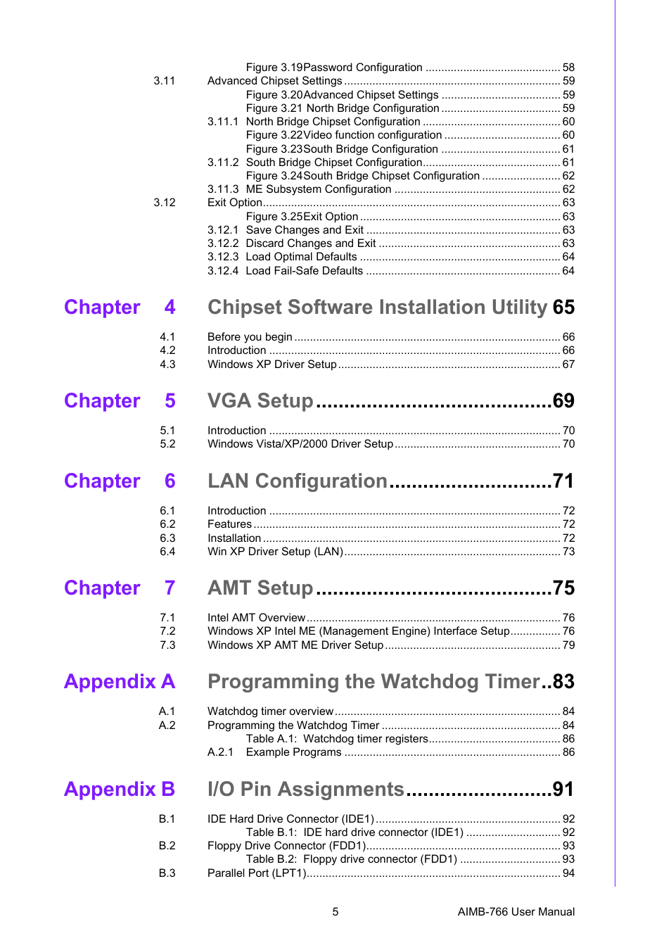 Chapter 4 chipset software installation utility 65, Chapter 5 vga setup, Chapter 6 lan configuration | Chapter 7 amt setup, Appendix a programming the watchdog timer, Appendix b i/o pin assignments | Advantech AIMB-766 User Manual | Page 11 / 118
