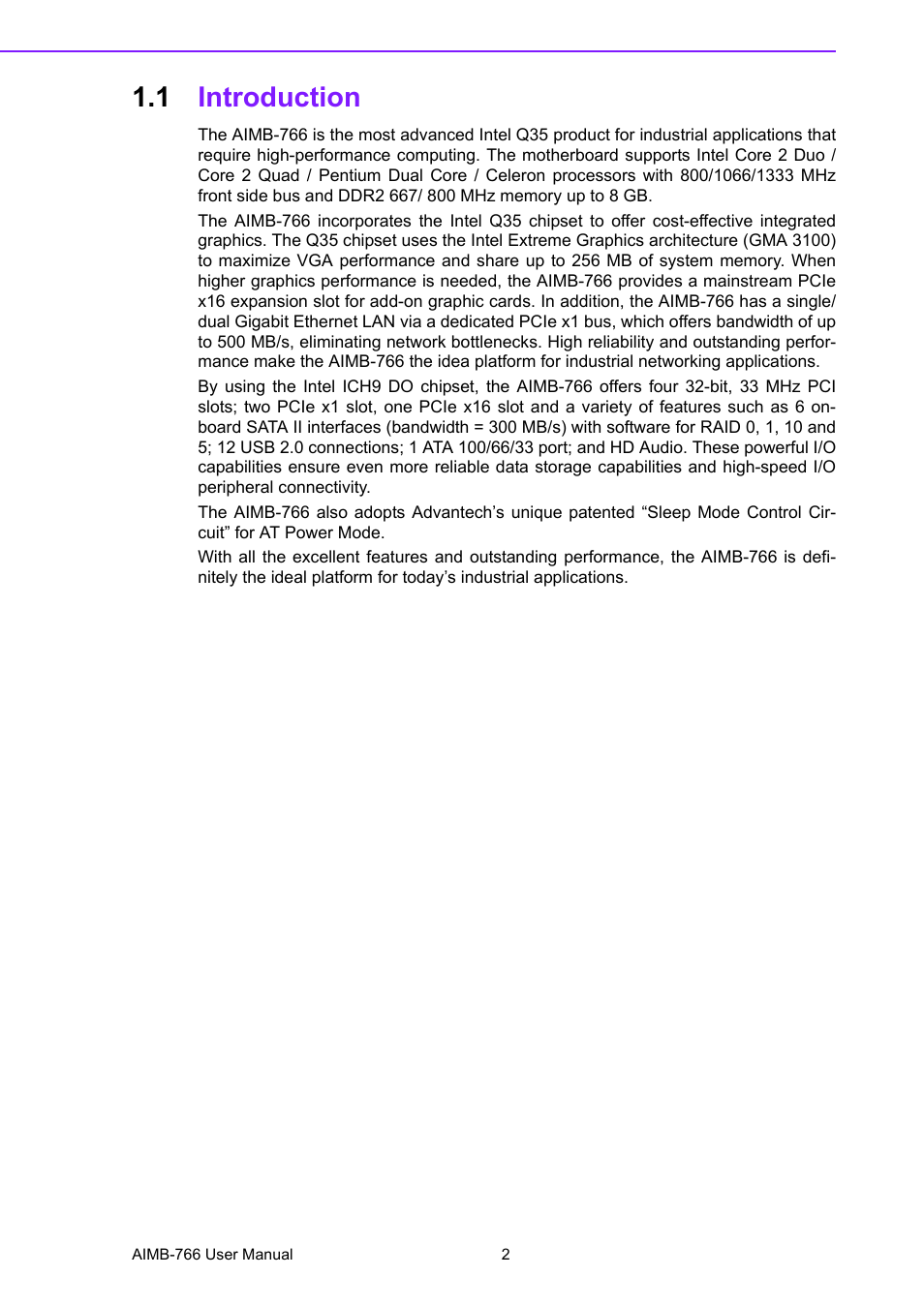 1 introduction, Introduction | Advantech AIMB-766 User Manual | Page 14 / 118