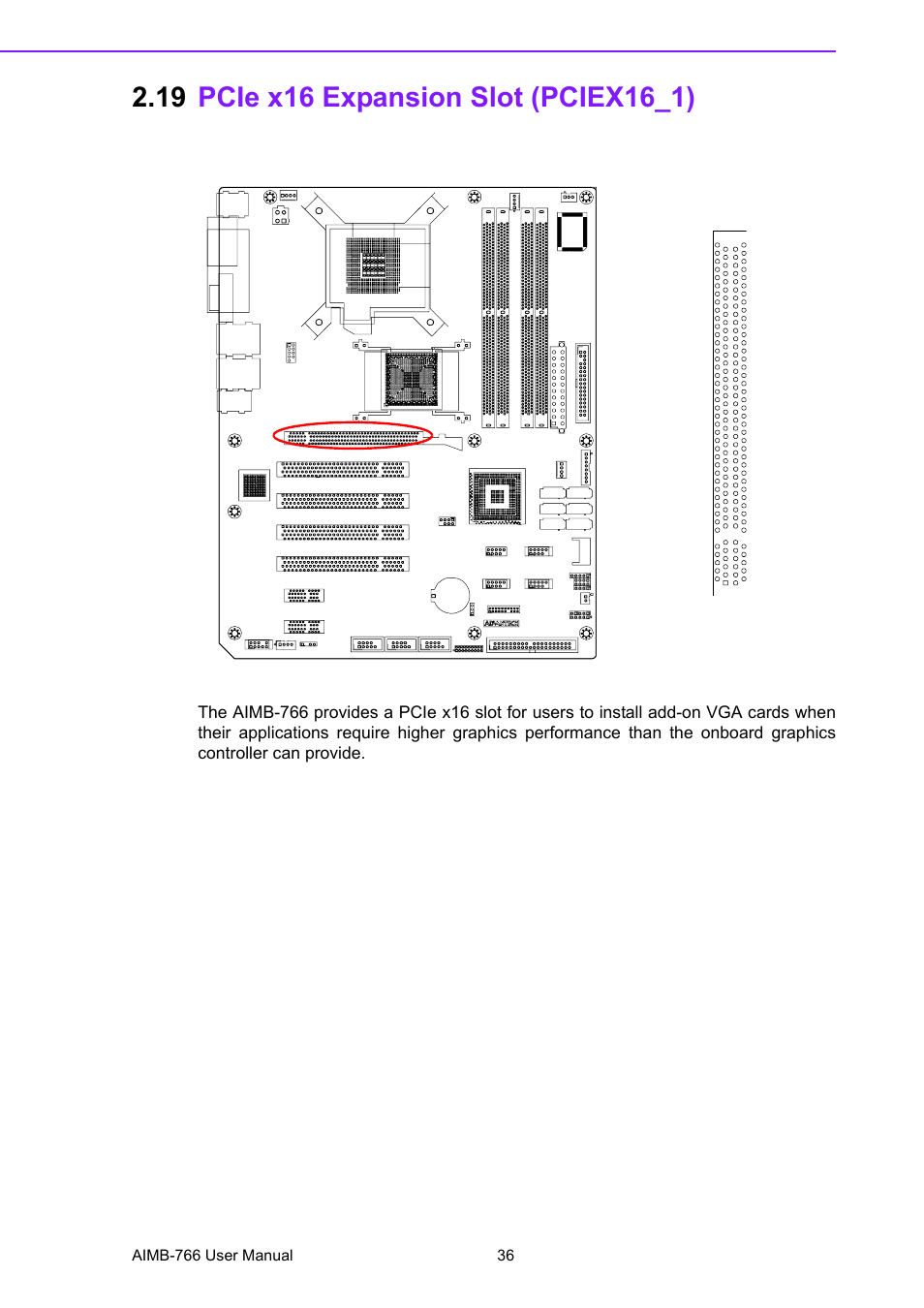 19 pcie x16 expansion slot (pciex16_1), Pcie x16 expansion slot (pciex16_1) | Advantech AIMB-766 User Manual | Page 48 / 118