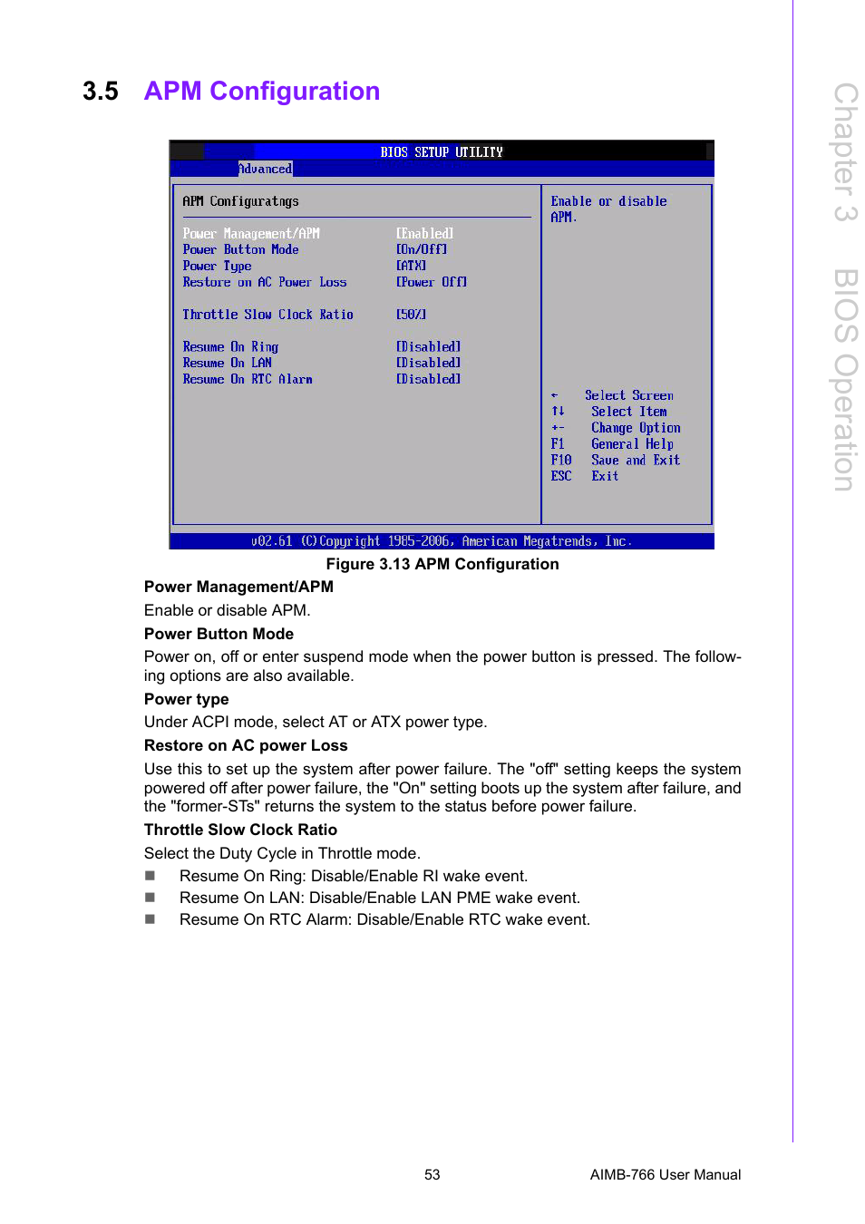 5 apm configuration, Figure 3.13 apm configuration, Apm configuration | Figure 3.13apm configuration, Chapter 3 b ios operation | Advantech AIMB-766 User Manual | Page 65 / 118
