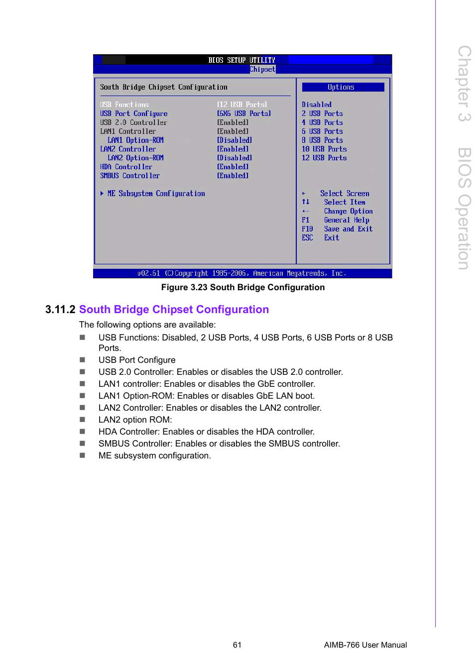 Figure 3.23 south bridge configuration, 2 south bridge chipset configuration, Figure 3.23south bridge configuration | Chapter 3 b ios operation | Advantech AIMB-766 User Manual | Page 73 / 118