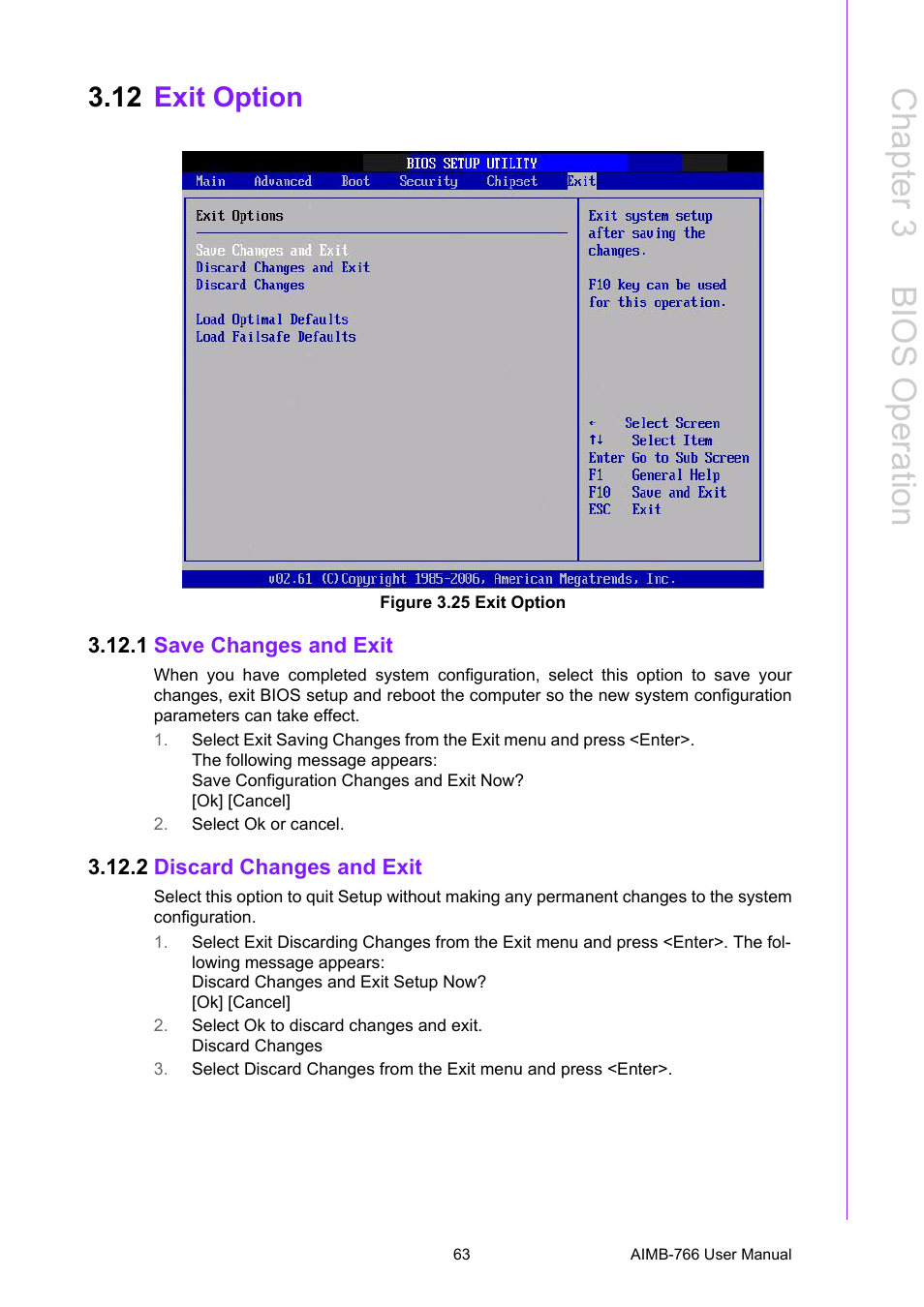 12 exit option, Figure 3.25 exit option, 1 save changes and exit | 2 discard changes and exit, Exit option, Figure 3.25exit option, Chapter 3 b ios operation | Advantech AIMB-766 User Manual | Page 75 / 118