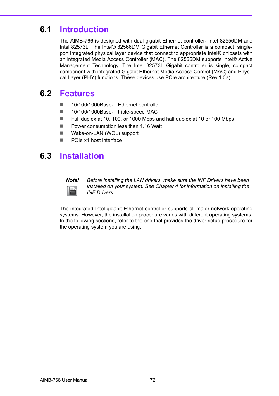 1 introduction, 2 features, 3 installation | Introduction, Features, Installation | Advantech AIMB-766 User Manual | Page 84 / 118