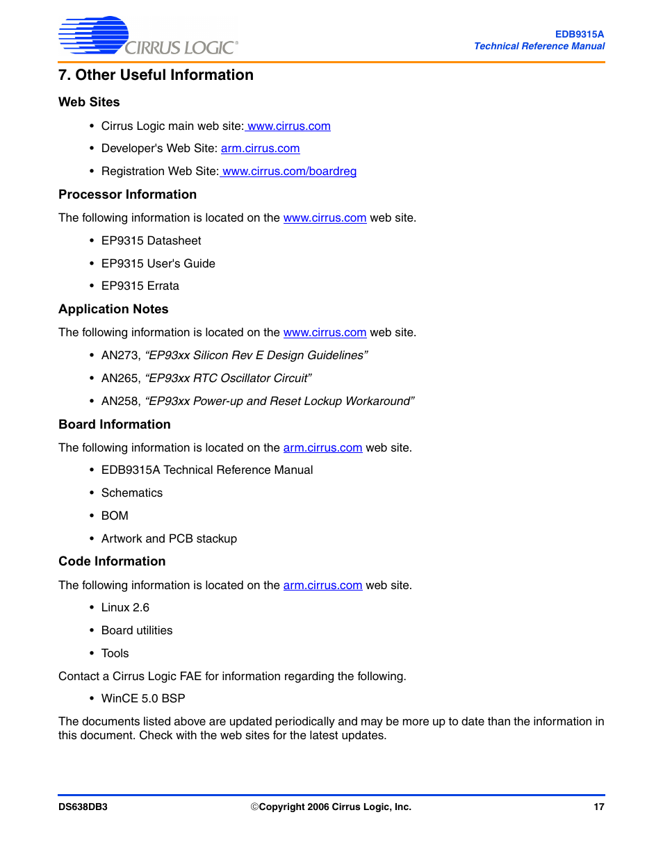 Other useful information, Web sites, Processor information | Application notes, Board information, Code information | Cirrus Logic EDB9315A User Manual | Page 17 / 44