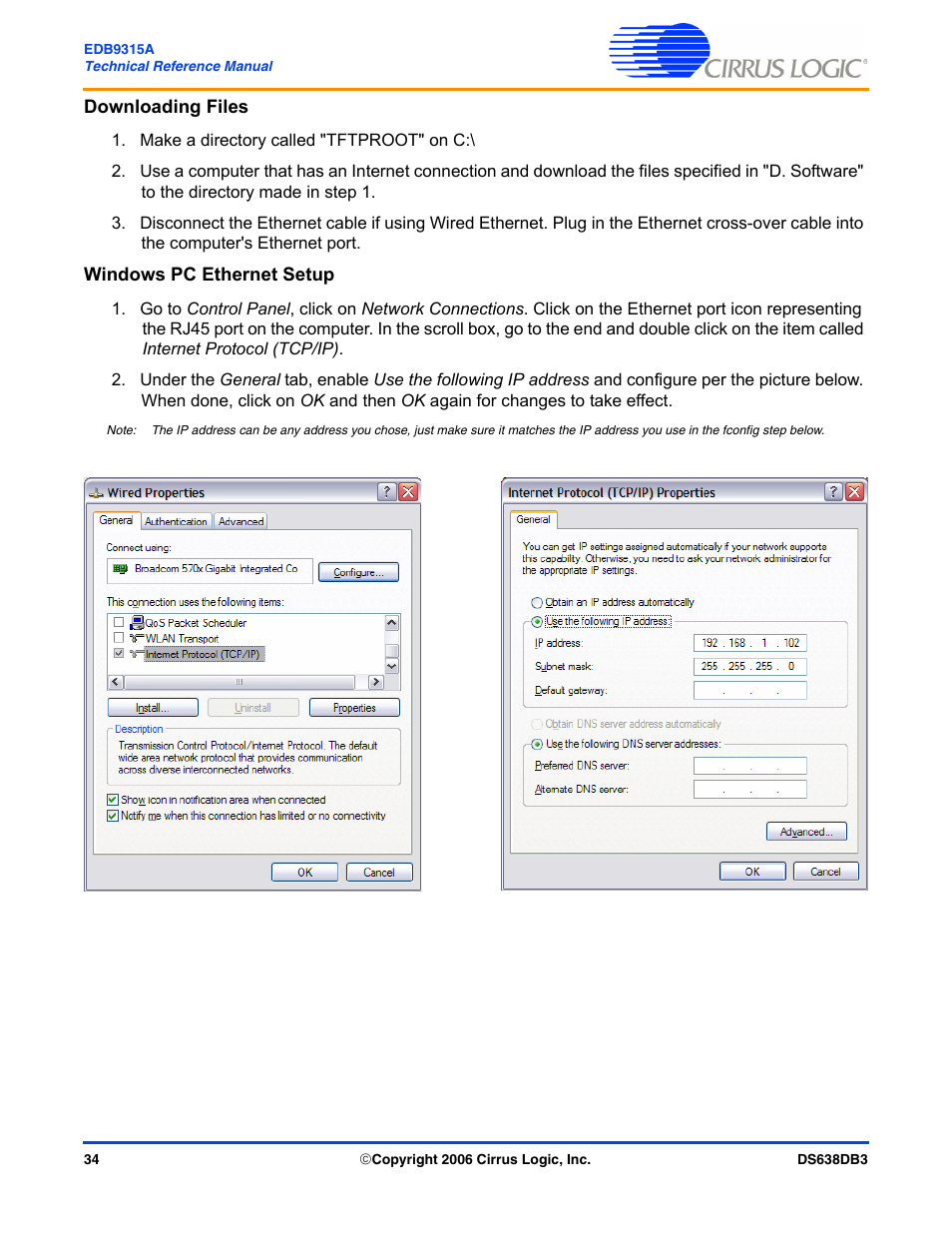 Downloading files, Windows pc ethernet setup, Downloading files windows pc ethernet setup | Cirrus Logic EDB9315A User Manual | Page 34 / 44