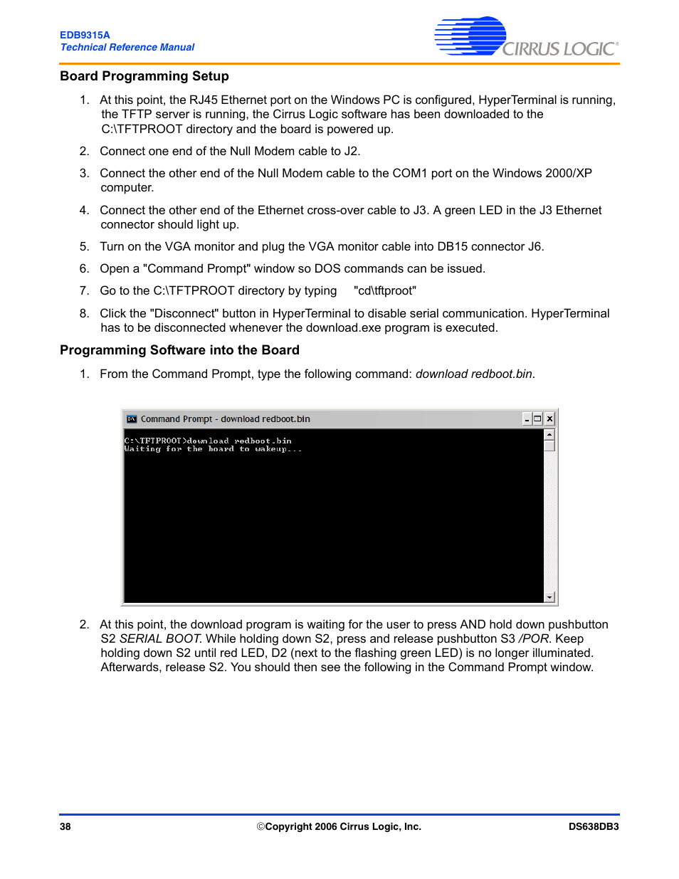 Board programming setup, Programming software into the board | Cirrus Logic EDB9315A User Manual | Page 38 / 44