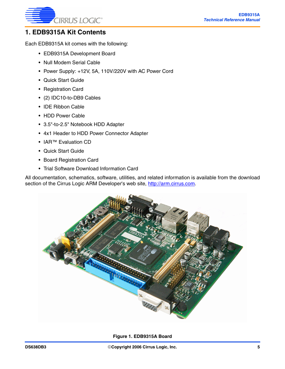 Edb9315a kit contents, Figure 1. edb9315a board | Cirrus Logic EDB9315A User Manual | Page 5 / 44