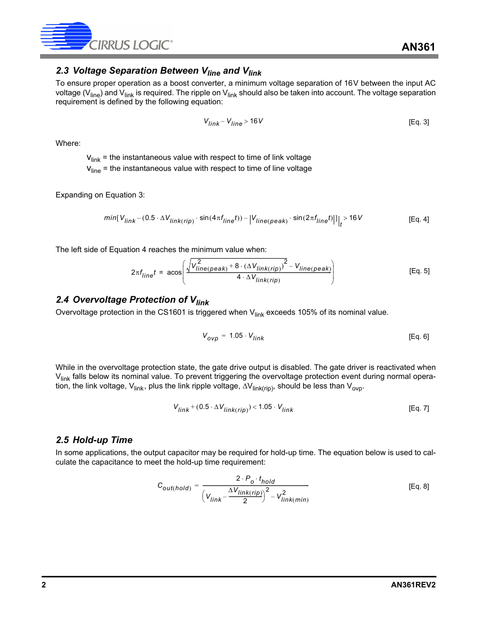 3 voltage separation between vline and vlink, 4 overvoltage protection of vlink, 5 hold-up time | An361, 3 voltage separation between v, And v, 4 overvoltage protection of v | Cirrus Logic AN361 User Manual | Page 2 / 10
