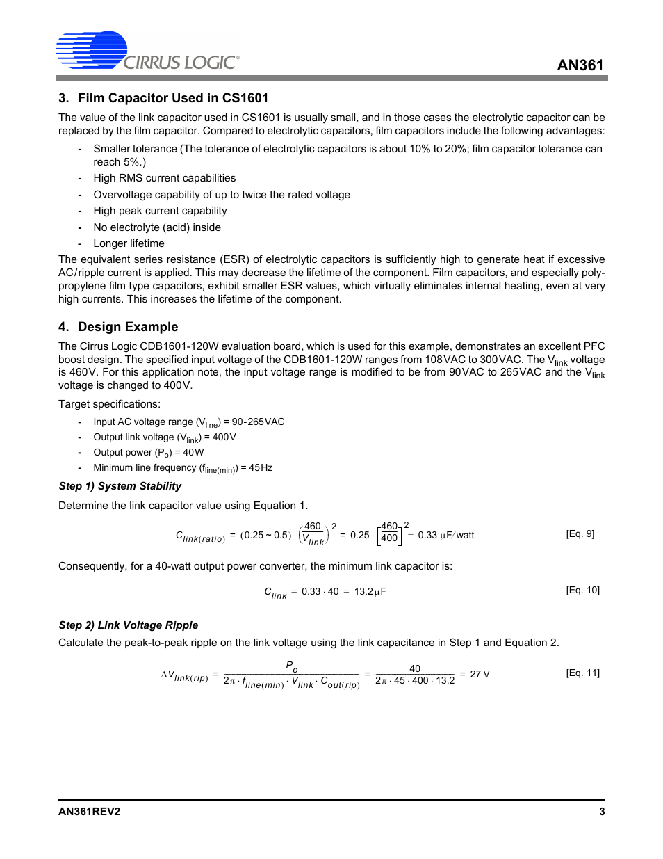 Film capacitor used in cs1601, Design example, An361 | Cirrus Logic AN361 User Manual | Page 3 / 10