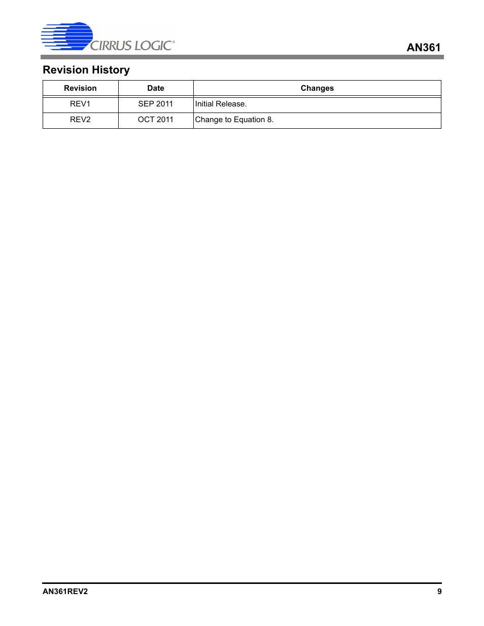 An361, Revision history | Cirrus Logic AN361 User Manual | Page 9 / 10