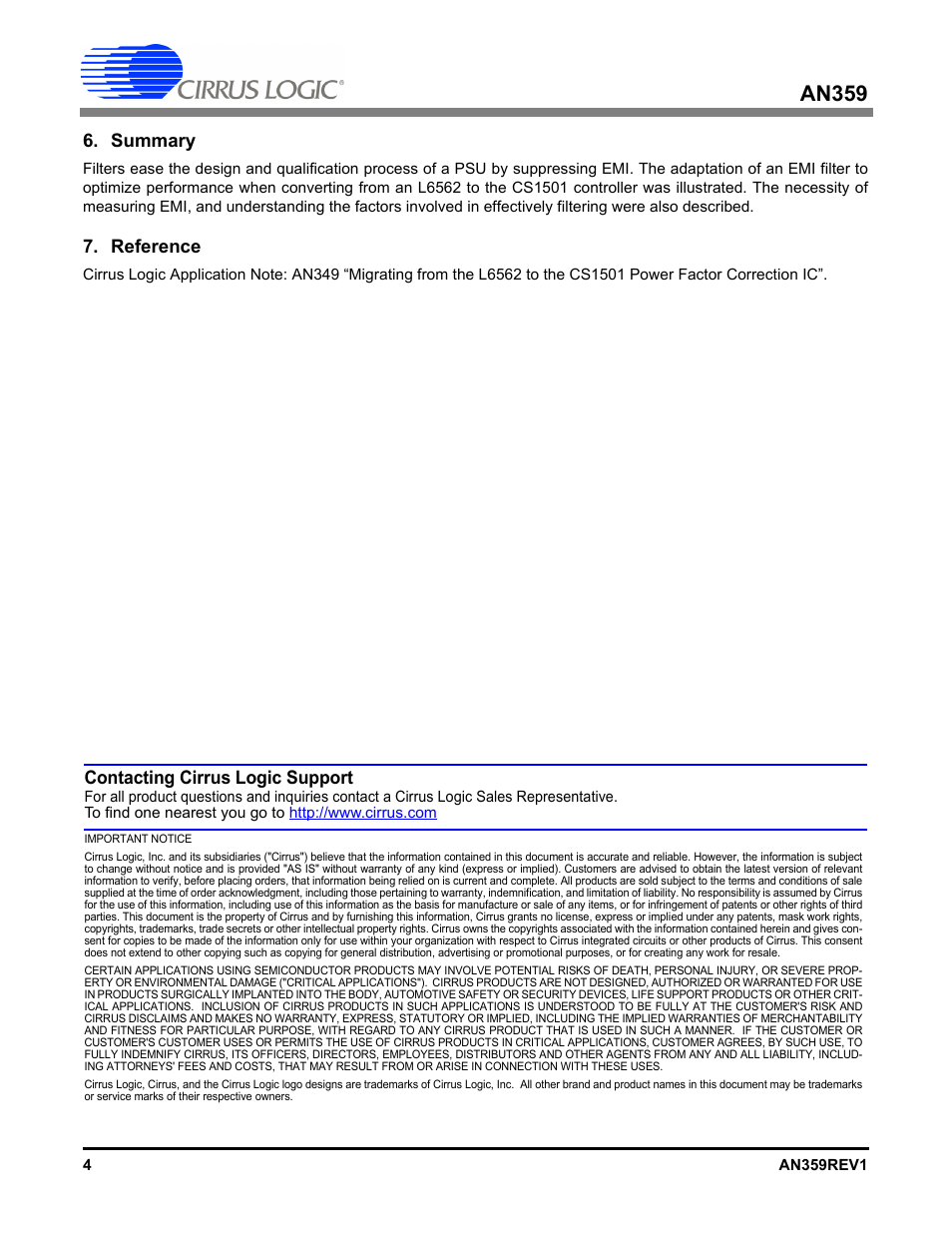 Summary, Reference, An359 | Contacting cirrus logic support | Cirrus Logic AN359 User Manual | Page 4 / 4