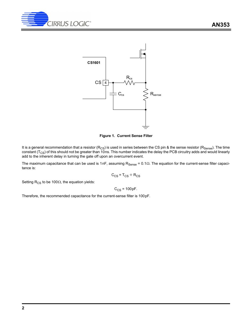 Figure 1. current sense filter, An353 | Cirrus Logic AN353 User Manual | Page 2 / 4