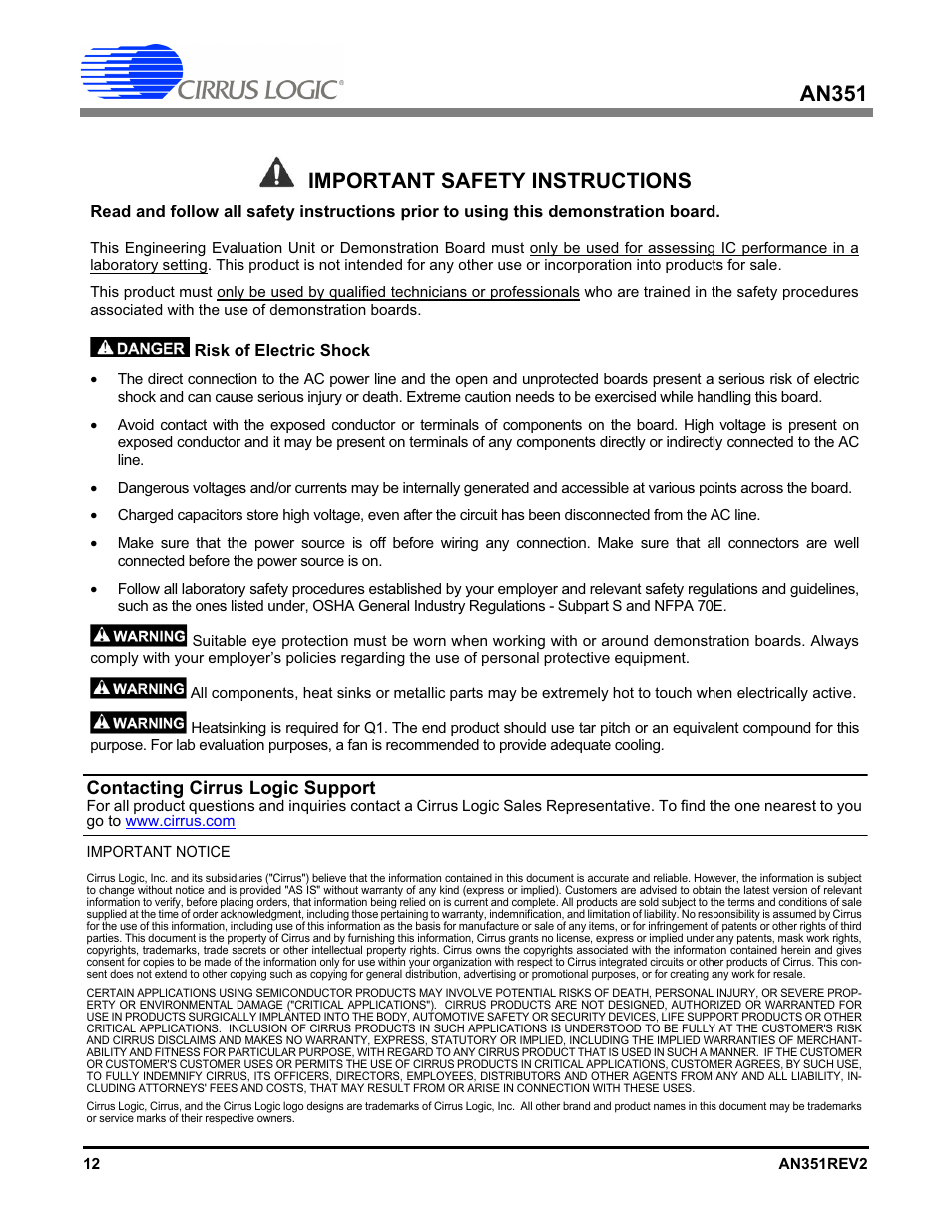 An351, Important safety instructions, Contacting cirrus logic support | Cirrus Logic AN351 User Manual | Page 12 / 12