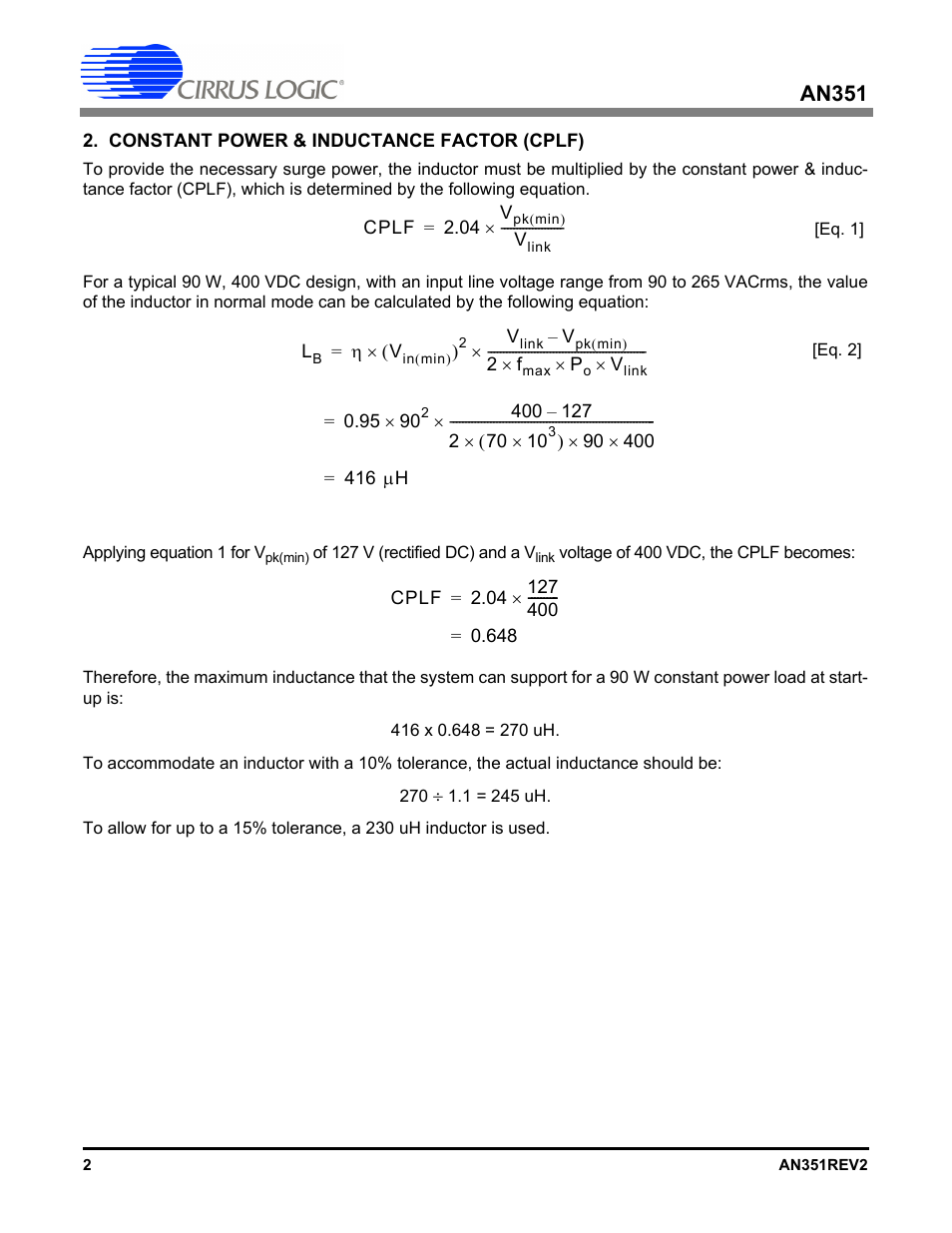 Constant power & inductance factor (cplf), An351 | Cirrus Logic AN351 User Manual | Page 2 / 12