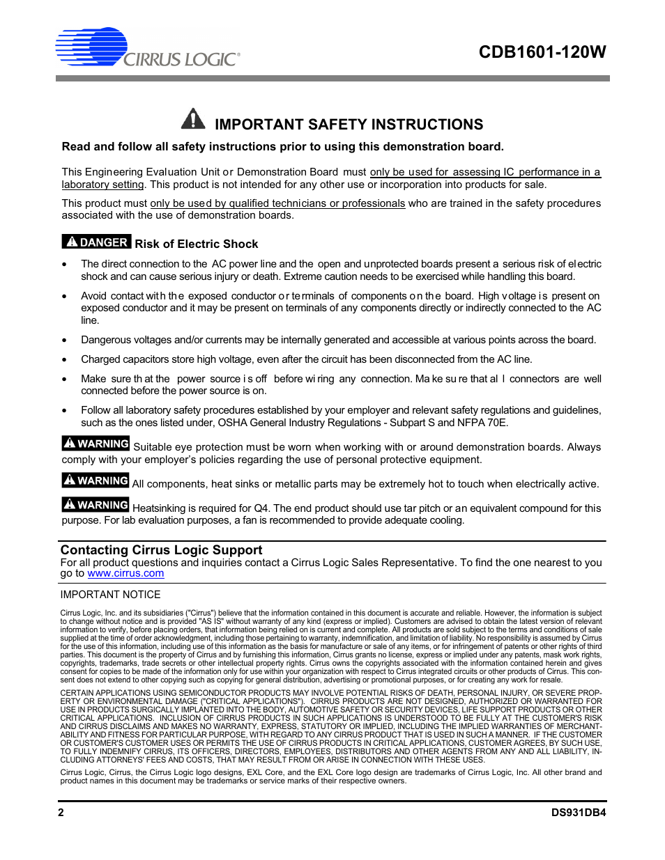 Important safety instructions, Contacting cirrus logic support | Cirrus Logic CDB1601-120W User Manual | Page 2 / 24