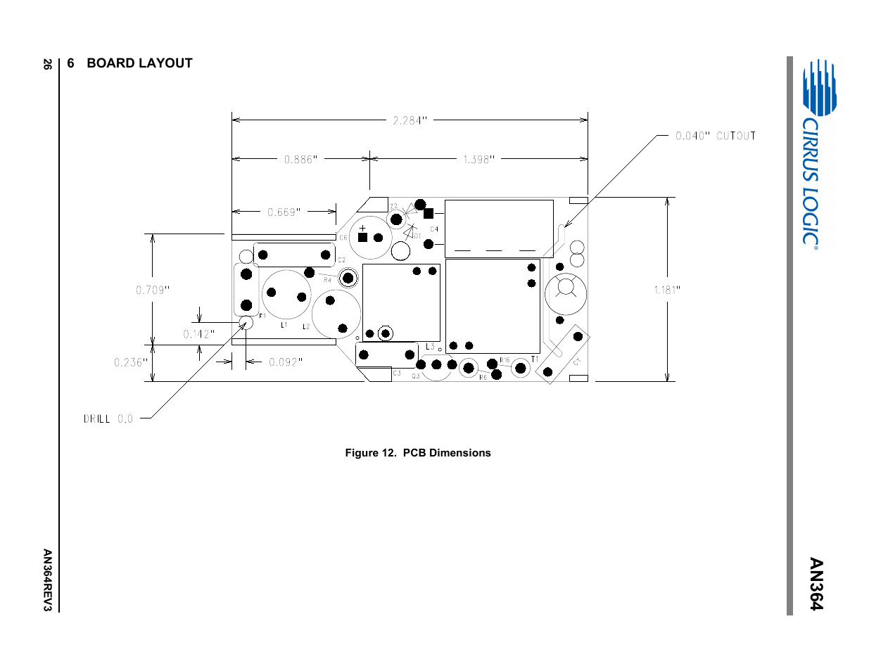 6 board layout, An364, Figure 12. pcb dimensions | Cirrus Logic AN364 User Manual | Page 26 / 28