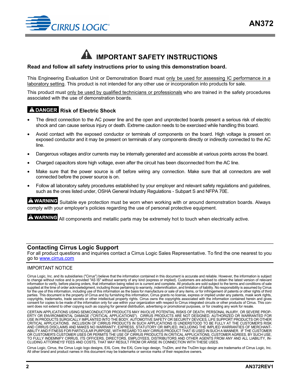An372, Important safety instructions, Contacting cirrus logic support | Cirrus Logic AN372 User Manual | Page 2 / 32