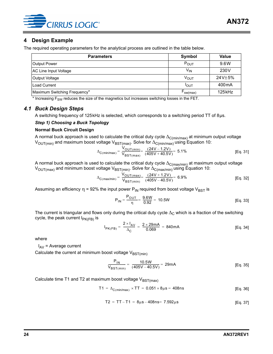 4 design example, 1 buck design steps, An372 | Cirrus Logic AN372 User Manual | Page 24 / 32