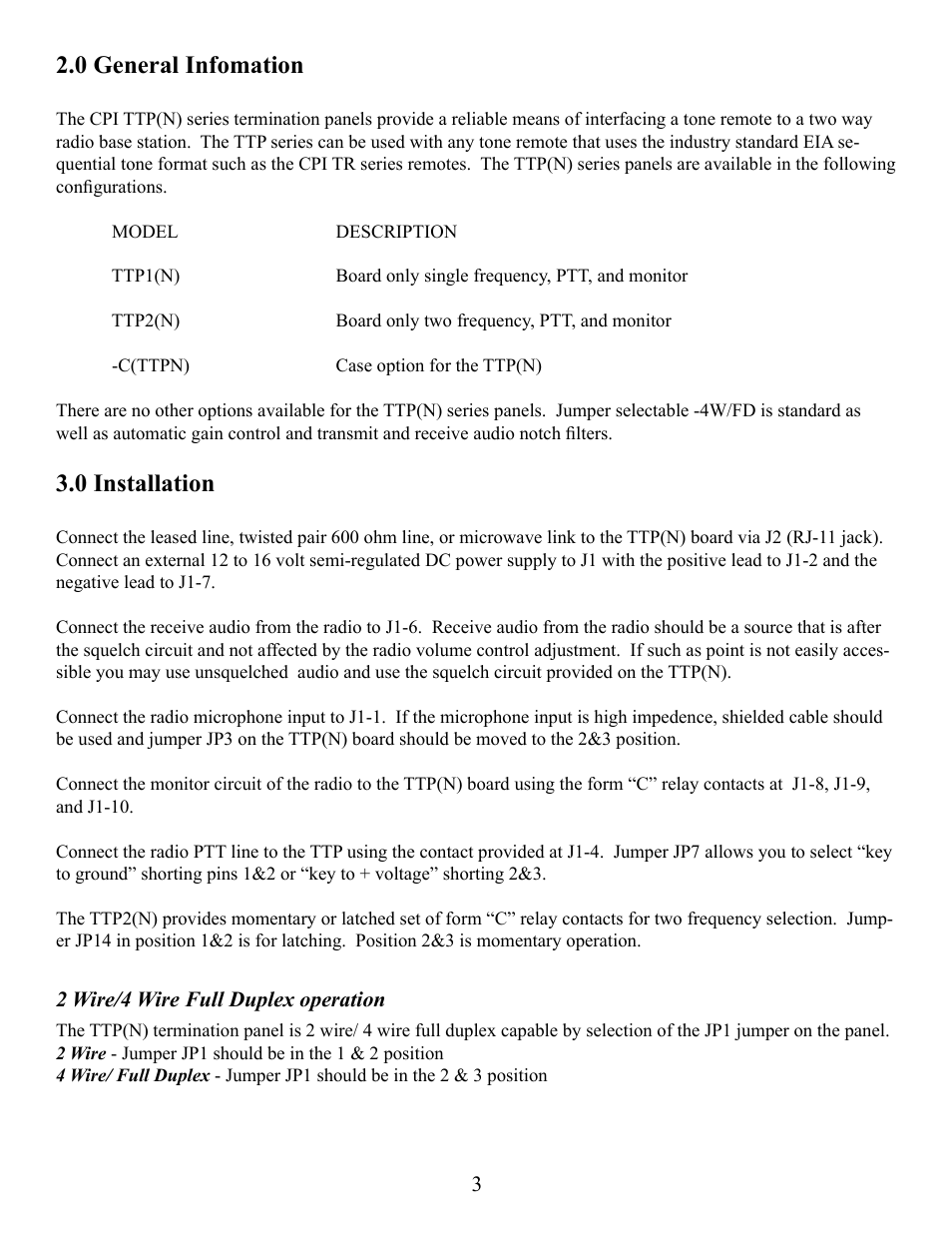 0 general infomation, 0 installation | CPI Communications TTP(N) Series User Manual | Page 3 / 13