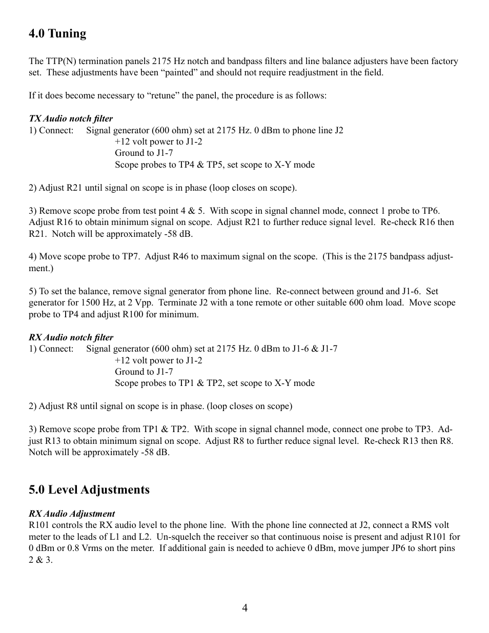 0 tuning, 0 level adjustments | CPI Communications TTP(N) Series User Manual | Page 4 / 13