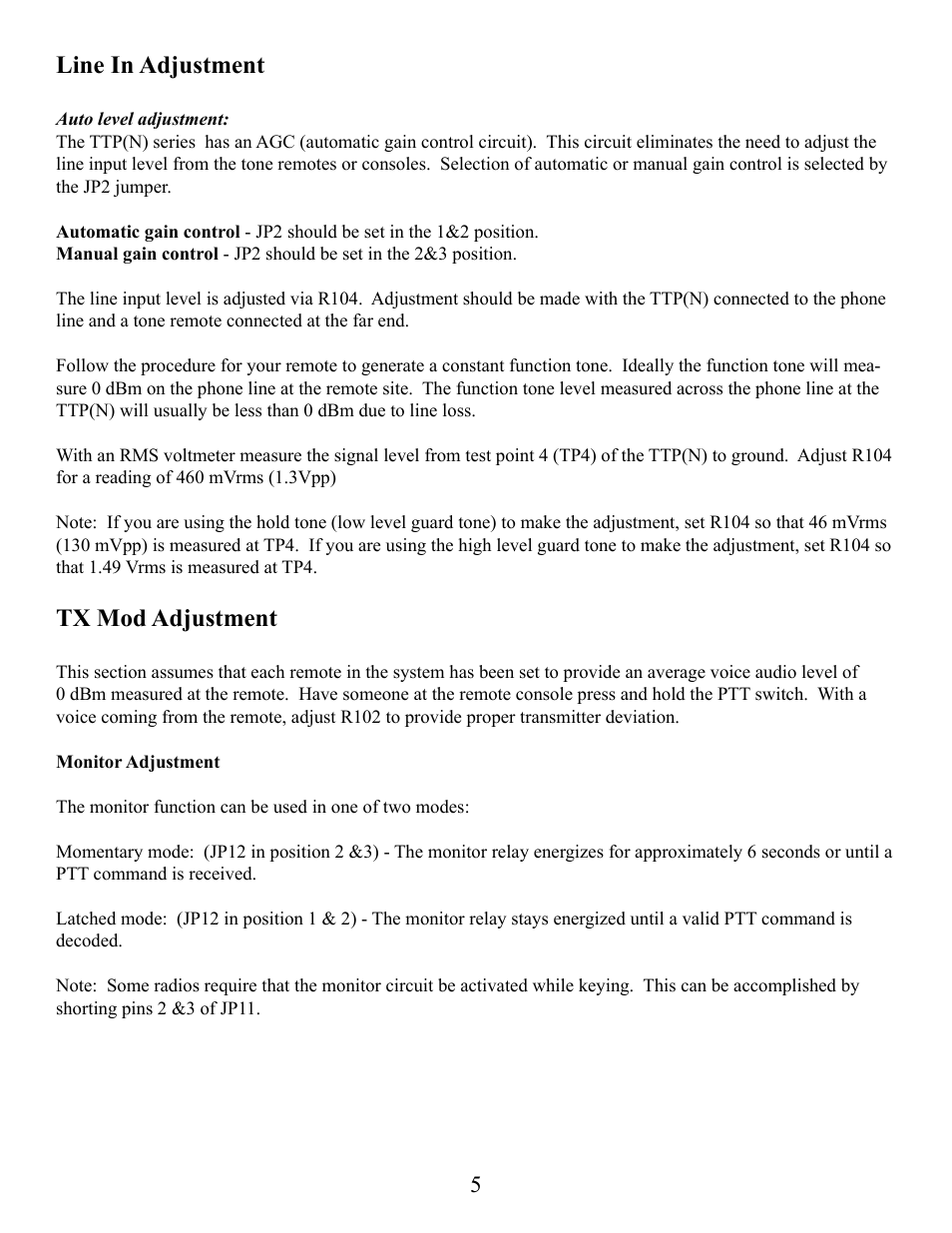 Line in adjustment, Tx mod adjustment | CPI Communications TTP(N) Series User Manual | Page 5 / 13