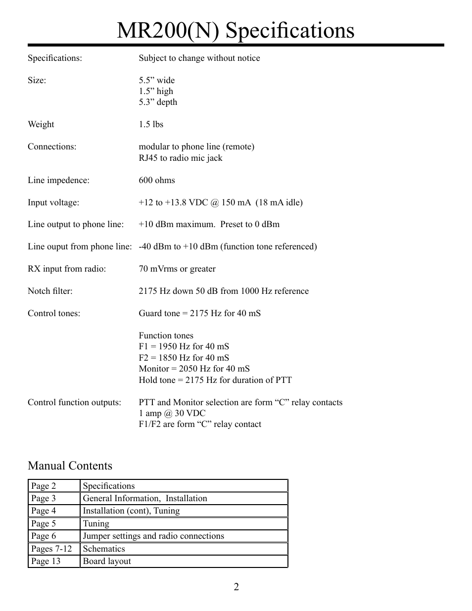 Mr200(n) specifications, Manual contents | CPI Communications MR200(N) Series User Manual | Page 2 / 13