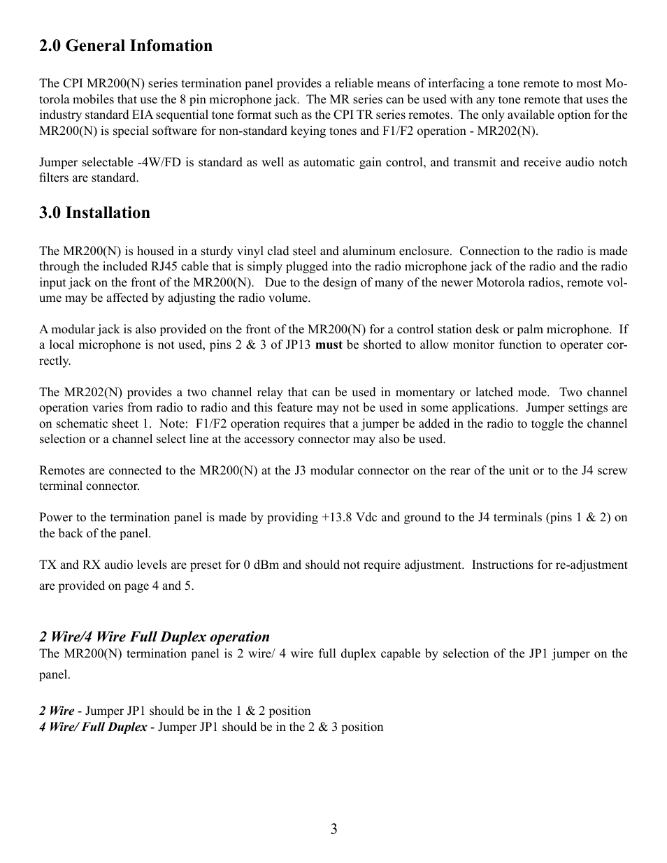 0 general infomation, 0 installation | CPI Communications MR200(N) Series User Manual | Page 3 / 13