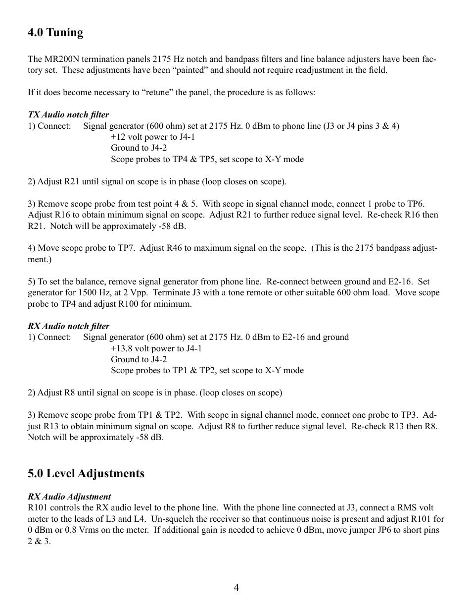0 tuning, 0 level adjustments | CPI Communications MR200(N) Series User Manual | Page 4 / 13