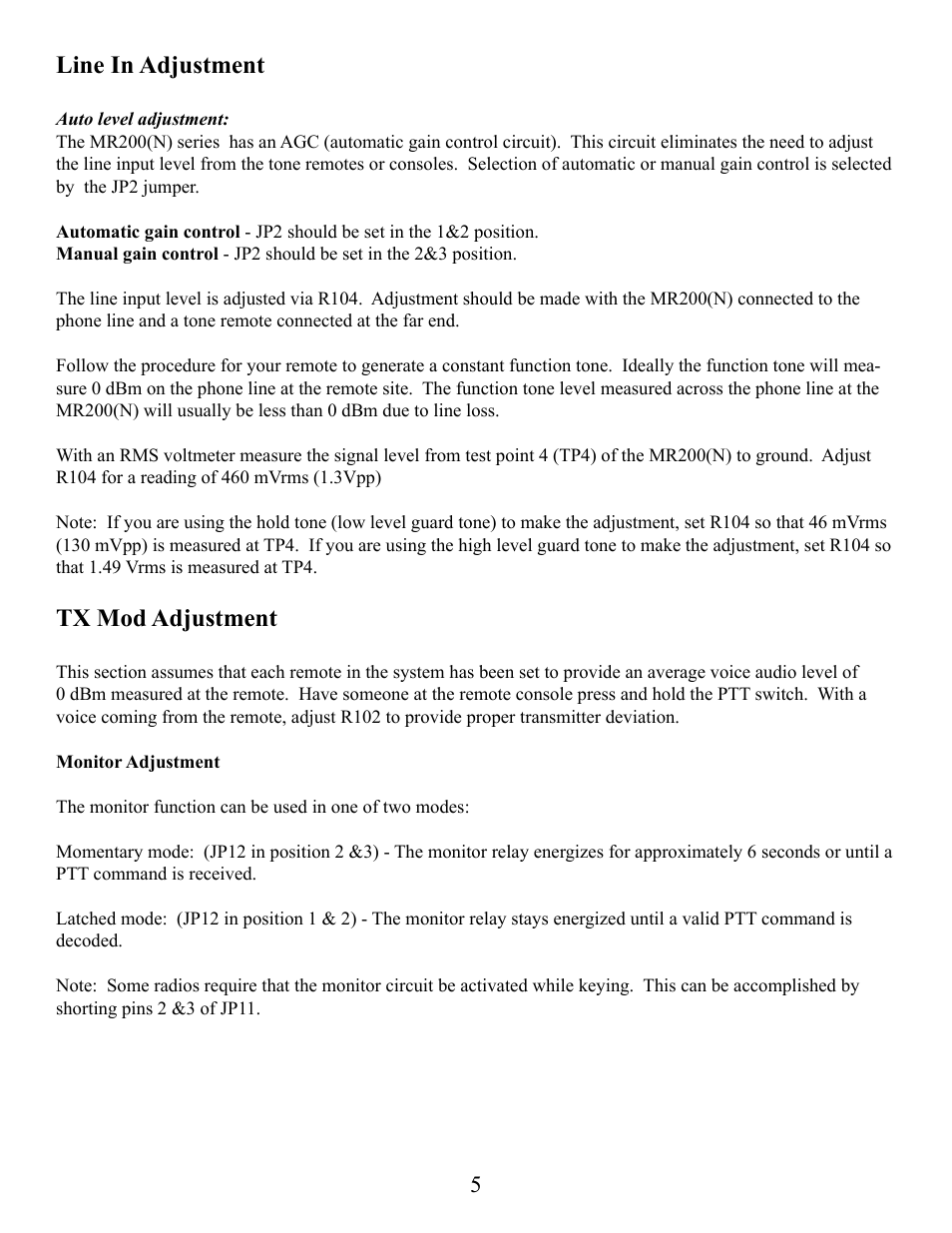 Line in adjustment, Tx mod adjustment | CPI Communications MR200(N) Series User Manual | Page 5 / 13