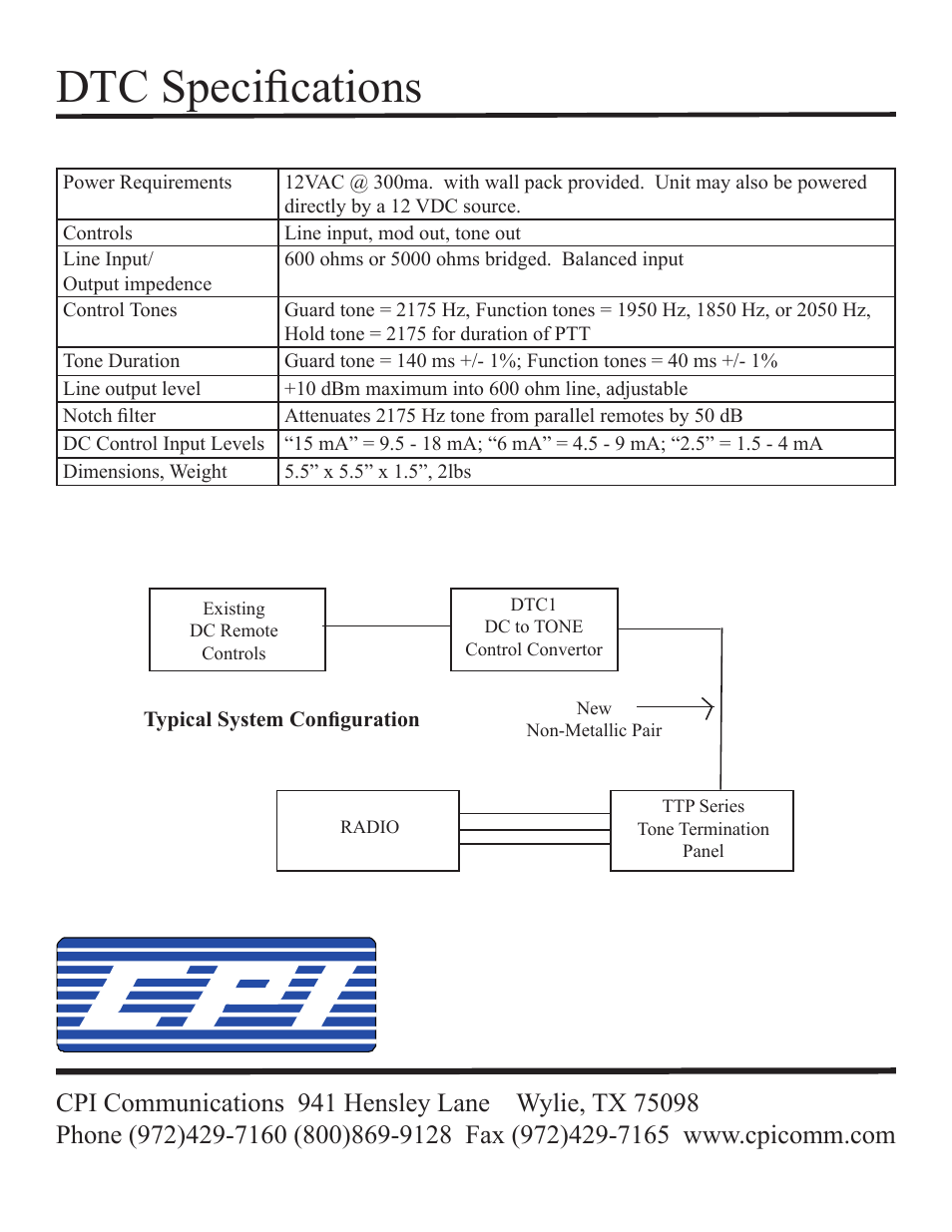 Dtc specifications | CPI Communications DTS1 User Manual | Page 2 / 11