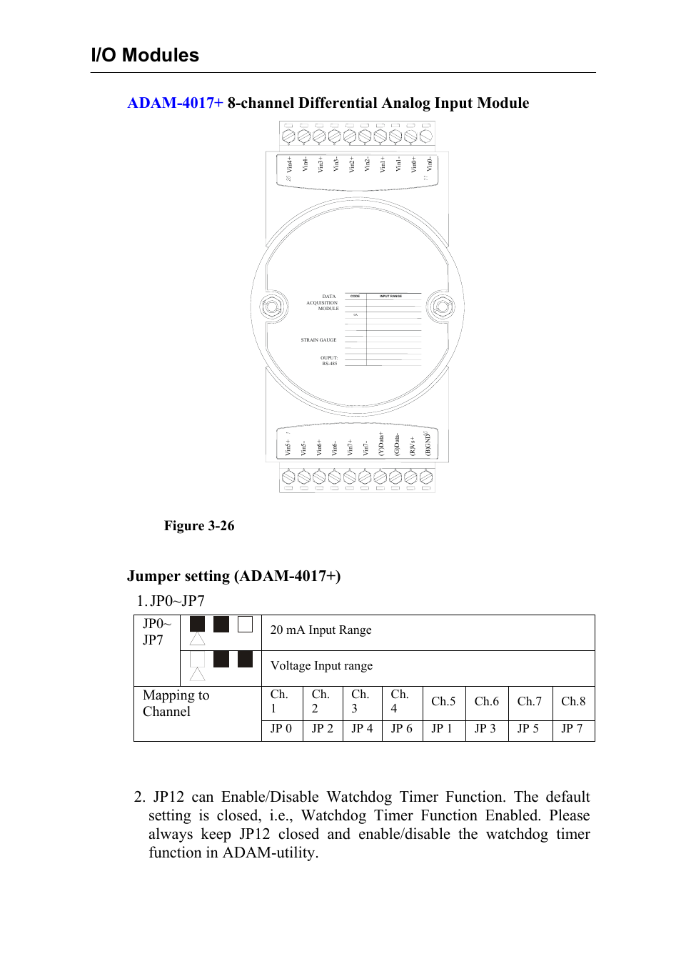 I/o modules, Jp0~ jp7, Mapping to channel | 20 ma input range, Voltage input range, Adam-4017 | Advantech Data Acquisition Modules ADAM 4000 User Manual | Page 57 / 429