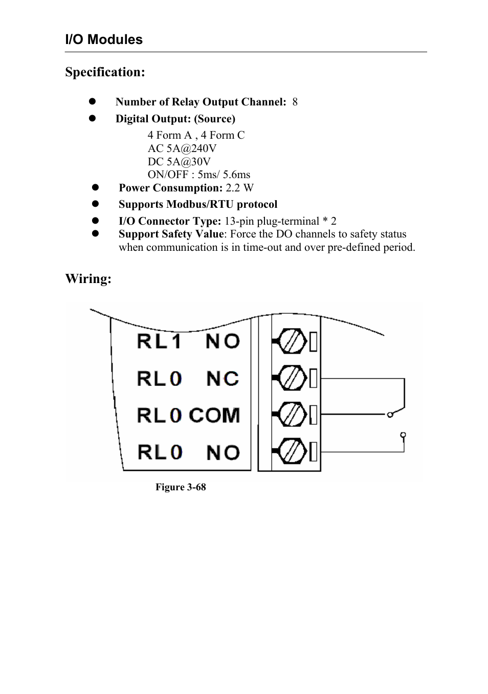 I/o modules, Specification, Wiring | Advantech Data Acquisition Modules ADAM 4000 User Manual | Page 97 / 429