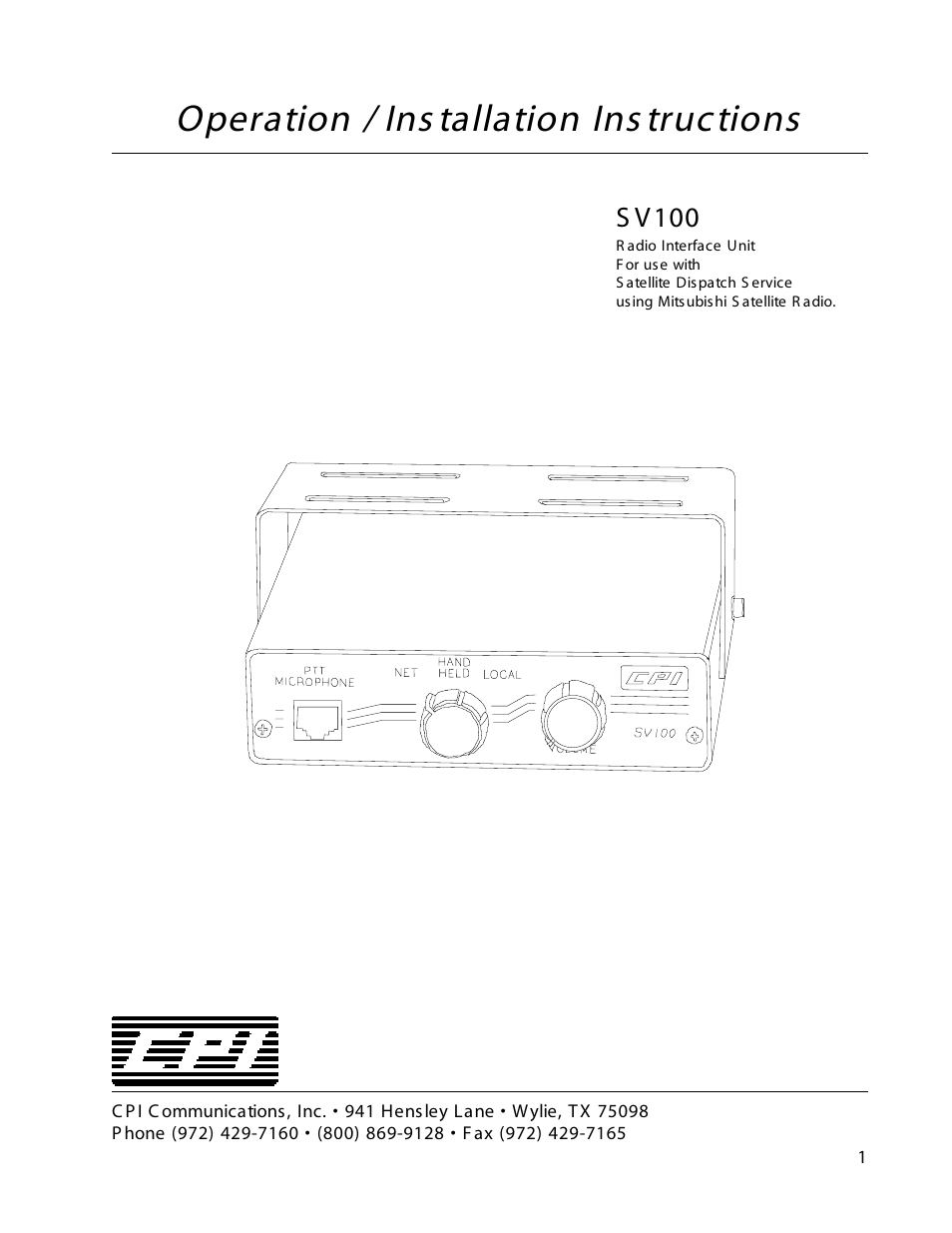 CPI Communications S V100 User Manual | 4 pages
