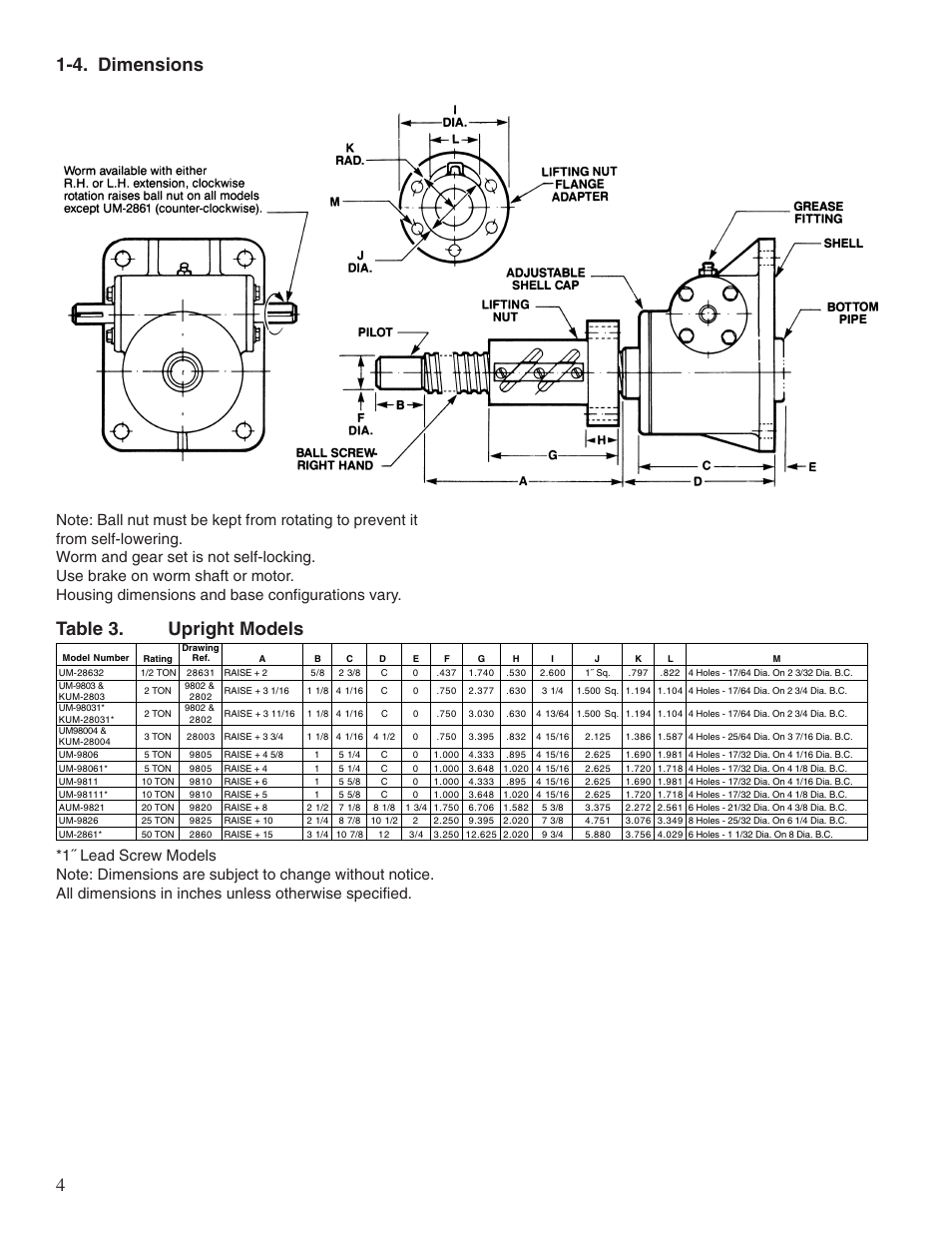 4. dimensions, Table 3. upright models | Duff-Norton Ball Screw Rotating User Manual | Page 4 / 16