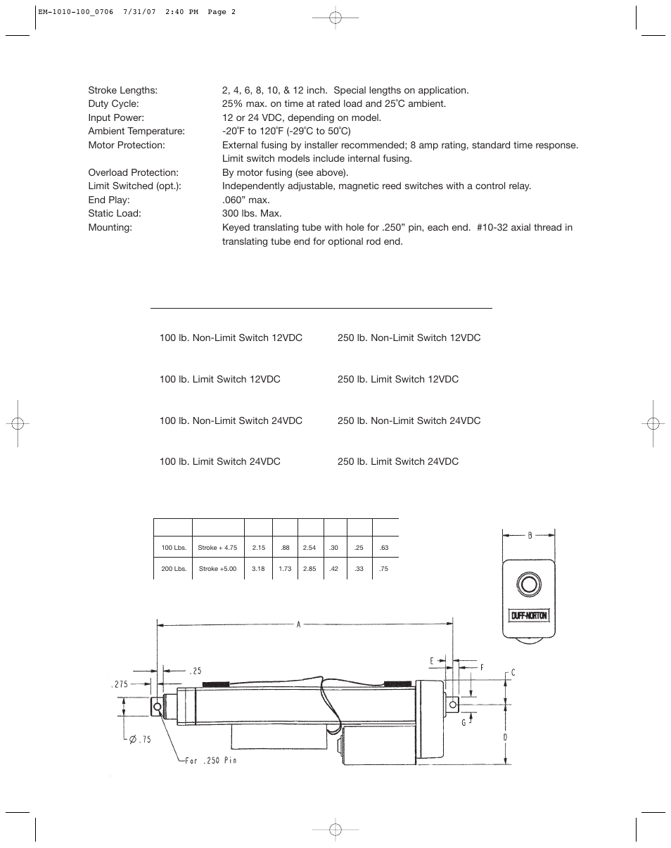 Model information | Duff-Norton EM1010-100 (TMD02) User Manual | Page 3 / 6