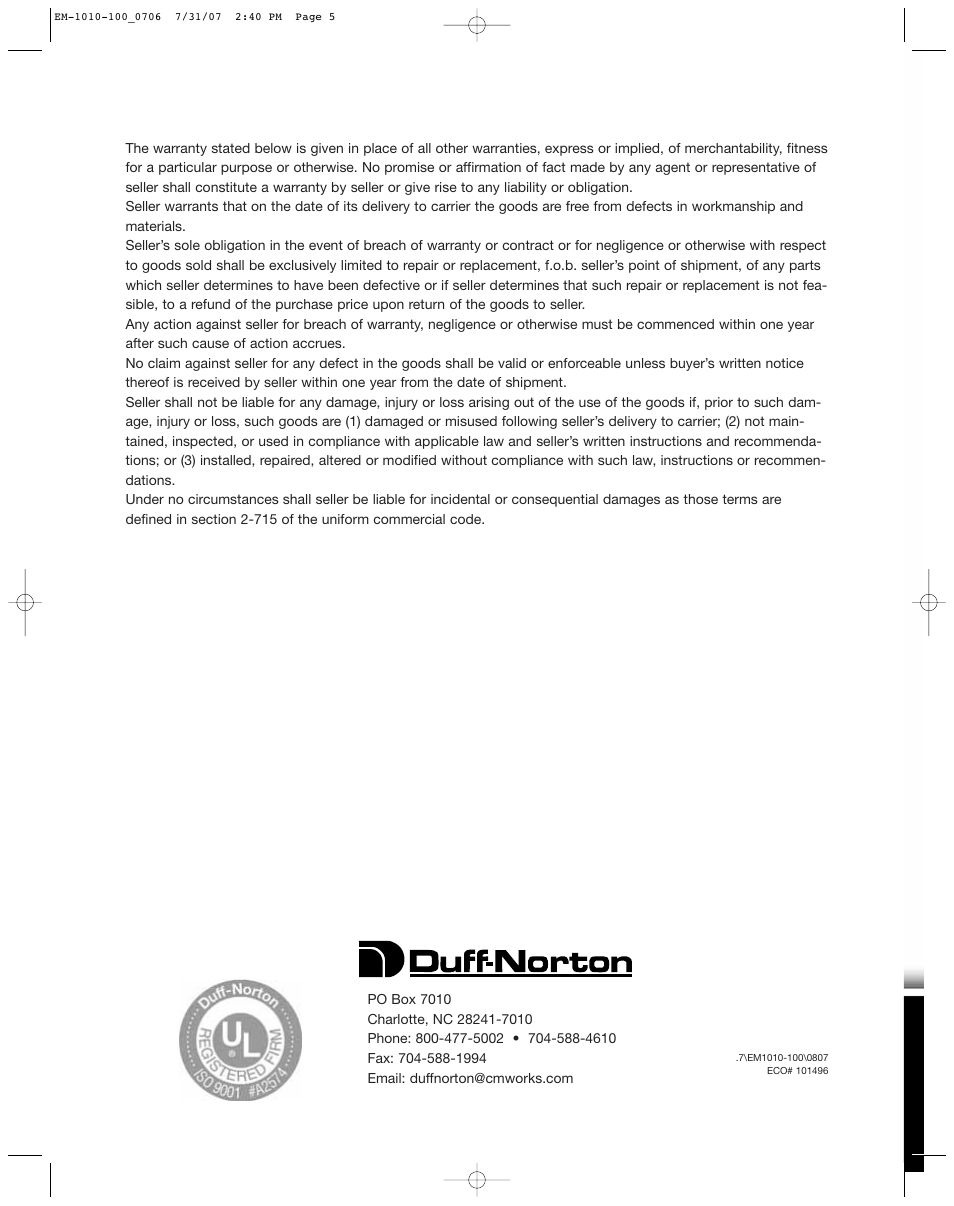 Duff-Norton EM1010-100 (TMD02) User Manual | Page 6 / 6